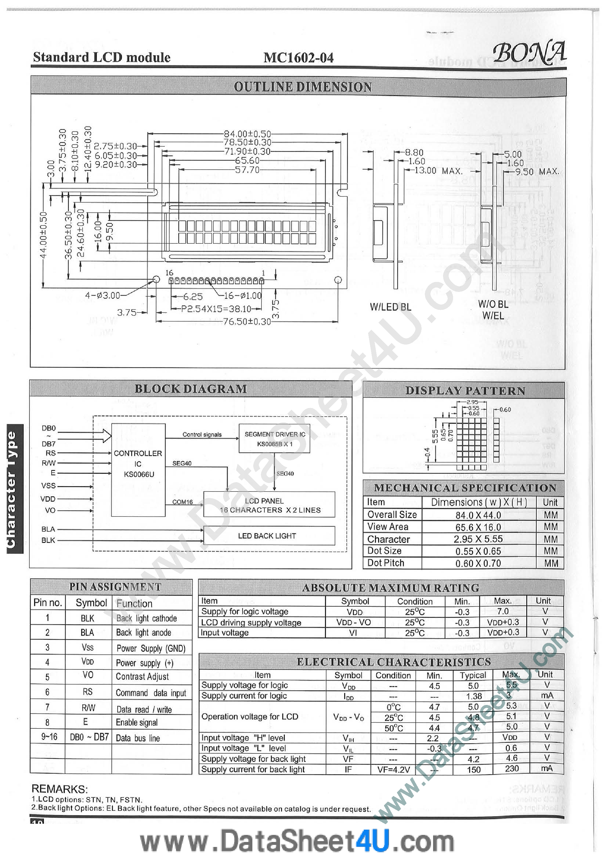 Даташит MC1602-04 - Standard LCD Module страница 1