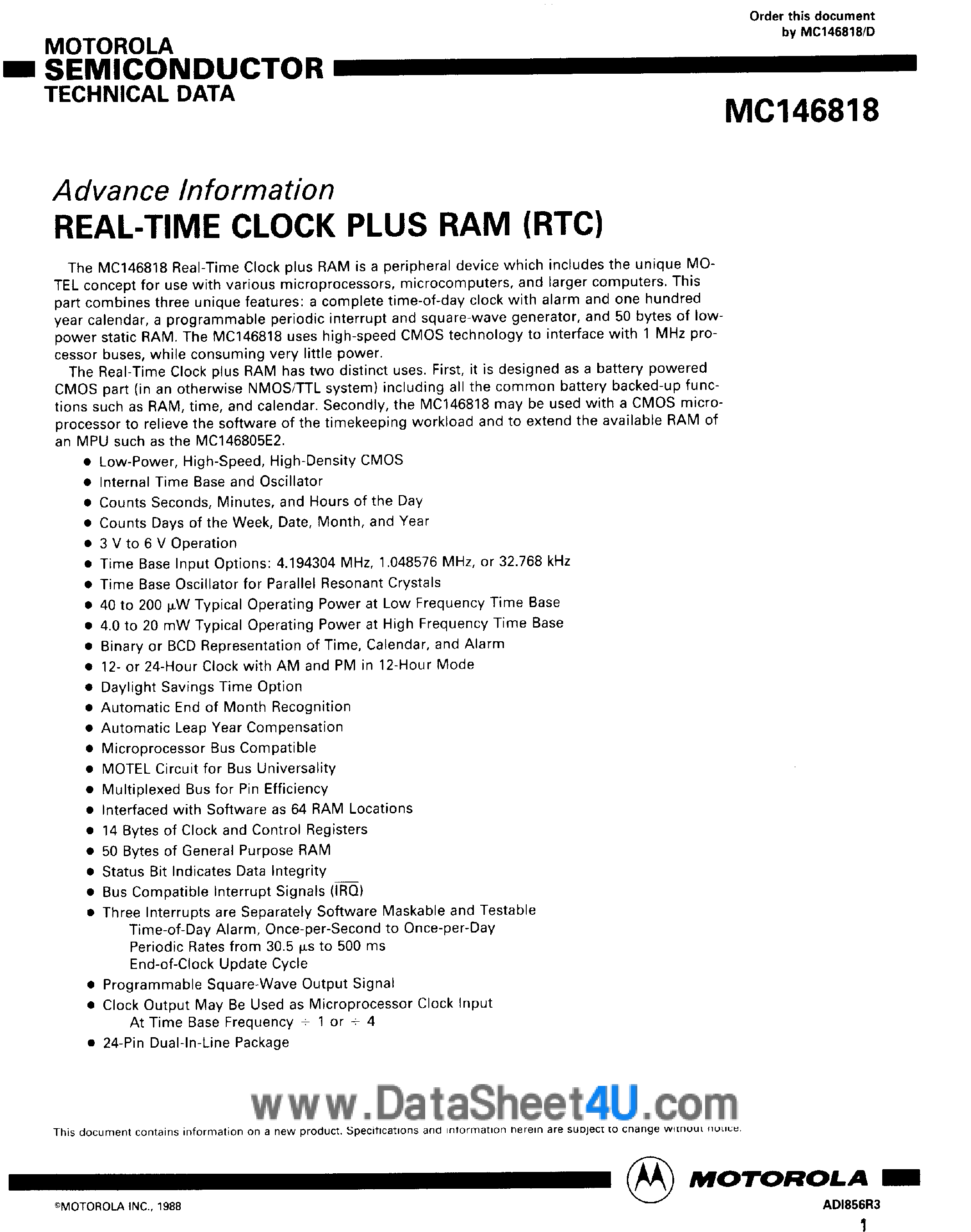 Datasheet MC146818 - REAL-TIME CLOCK PLUS RAM(RTC) page 1