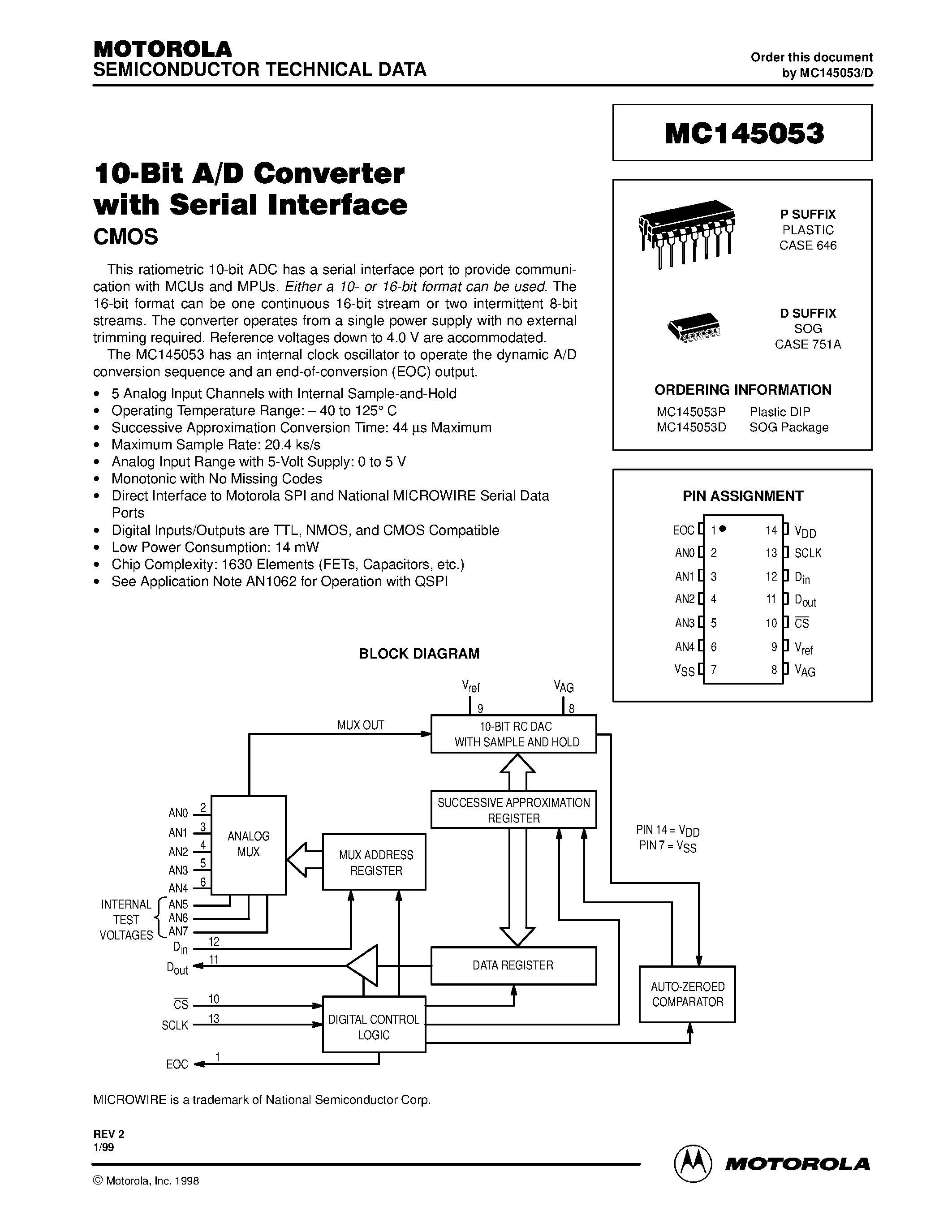 Даташит MC145053 - 10-Bit A/D Converter a Serial Interface страница 1