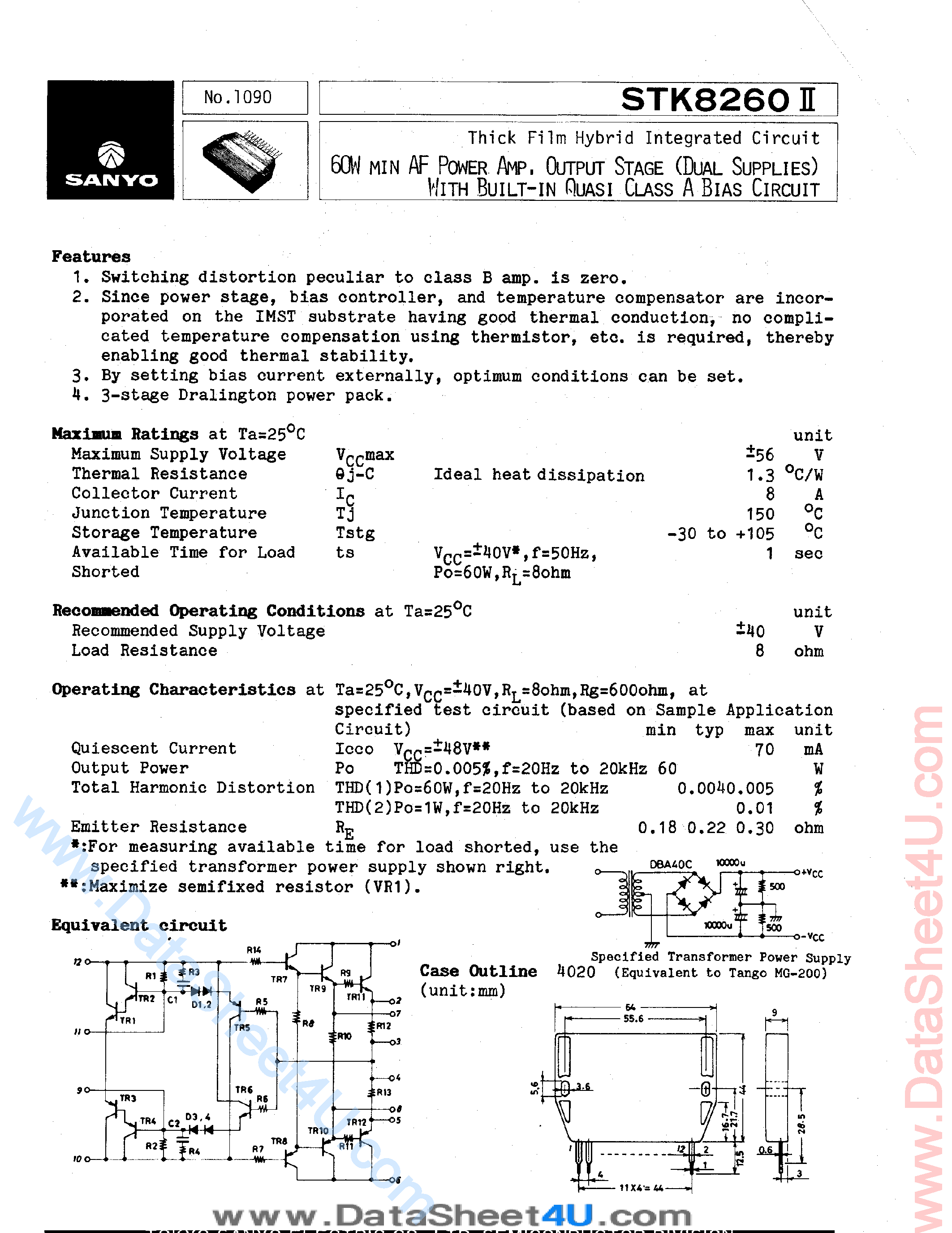 Datasheet STK8260II - 60W min AF Power Amp / Output Stage page 1