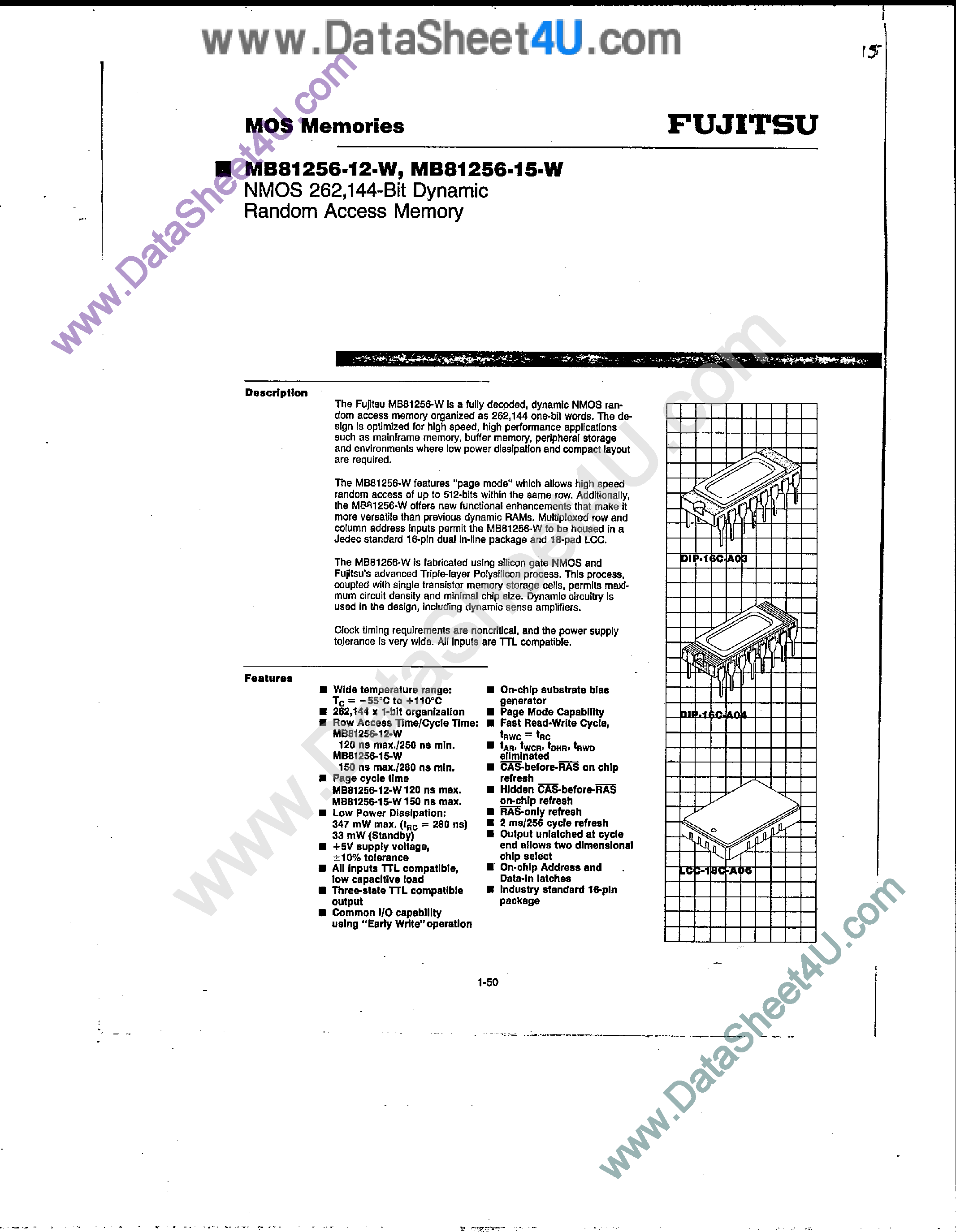 Даташит MB81256-12 - NMOS 262144 Bit DRAM страница 1