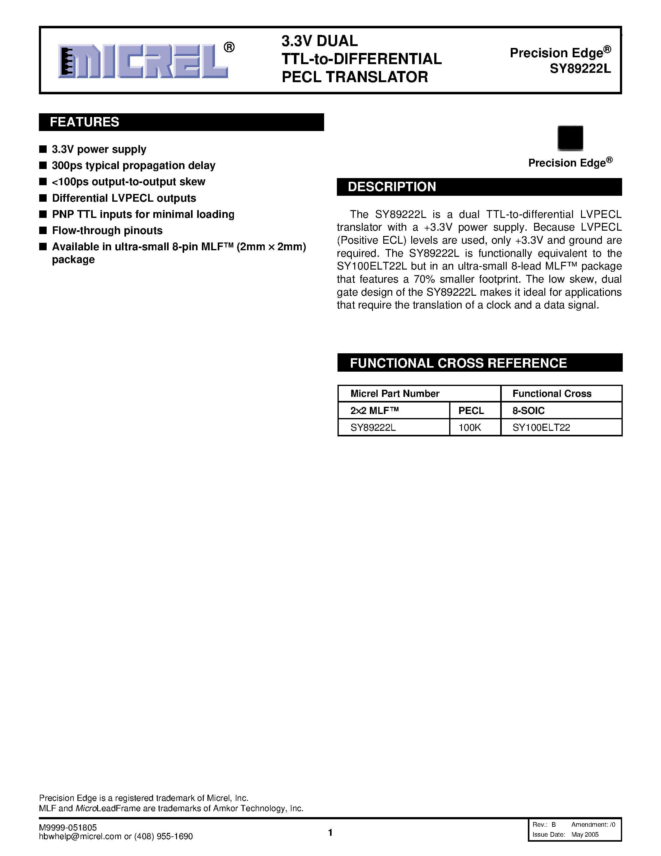 Даташит SY100ELT22L - 3.3V DUAL TTL-to-DIFFERENTIAL PECL TRANSLATOR страница 1