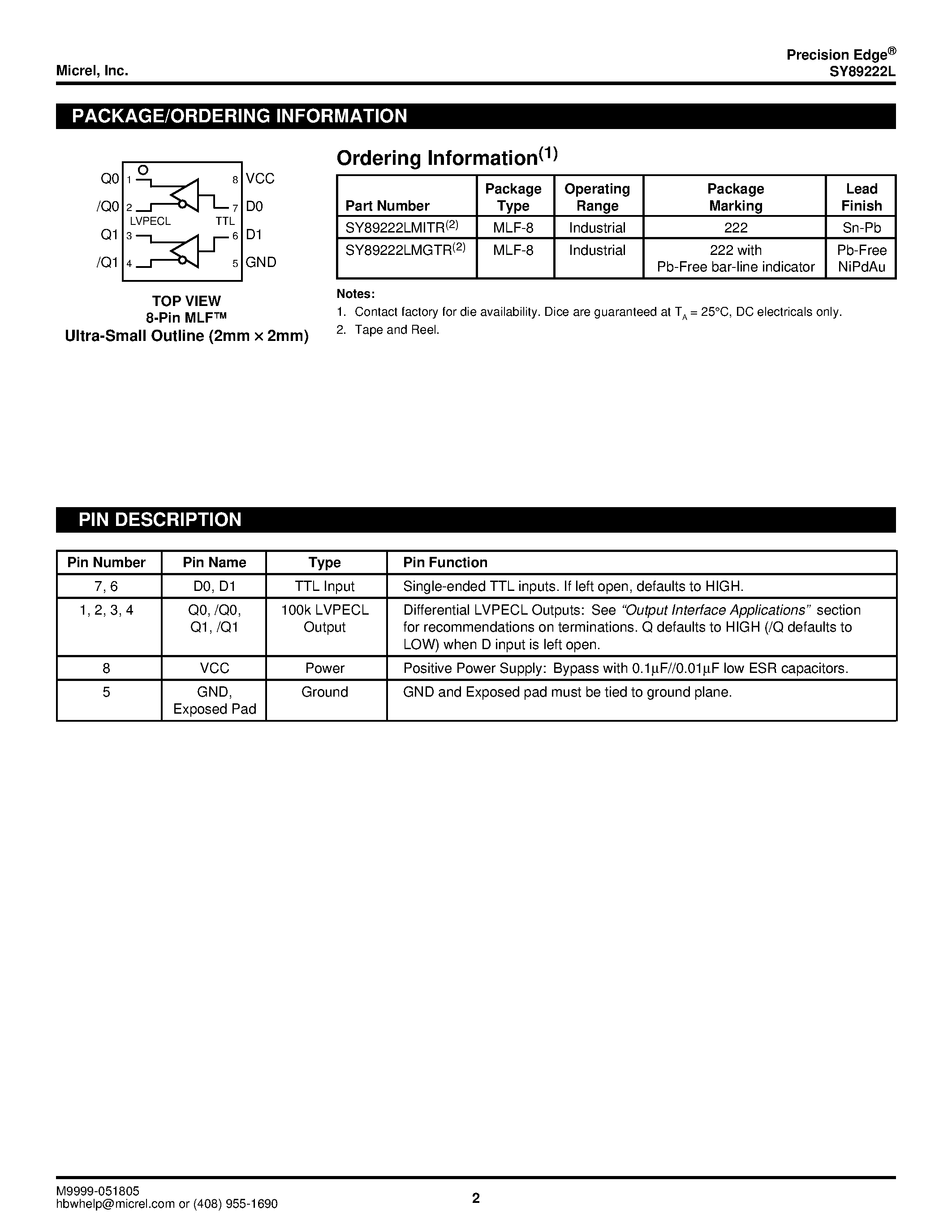 Даташит SY100ELT22L - 3.3V DUAL TTL-to-DIFFERENTIAL PECL TRANSLATOR страница 2