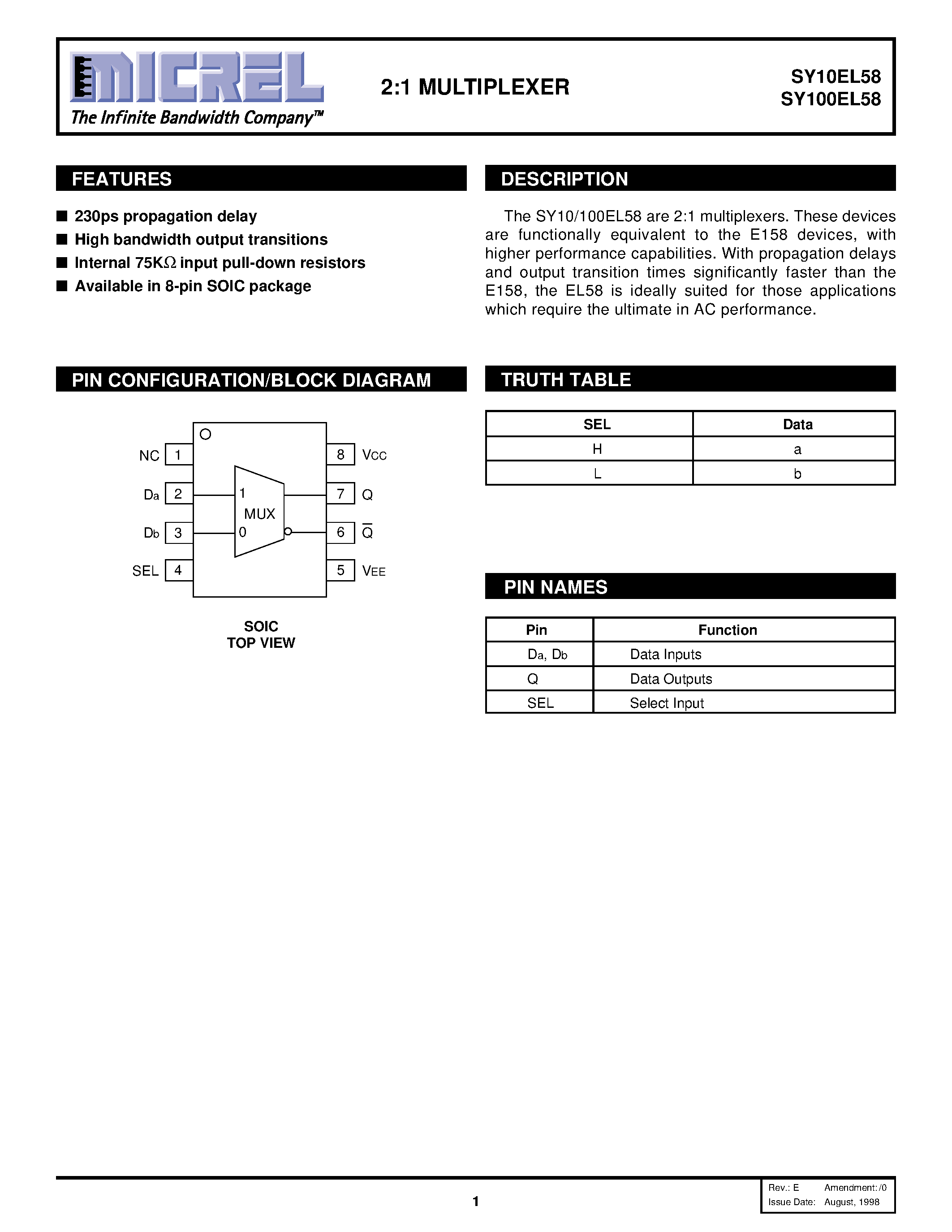 Даташит SY100EL58 - 2:1 MULTIPLEXER страница 1