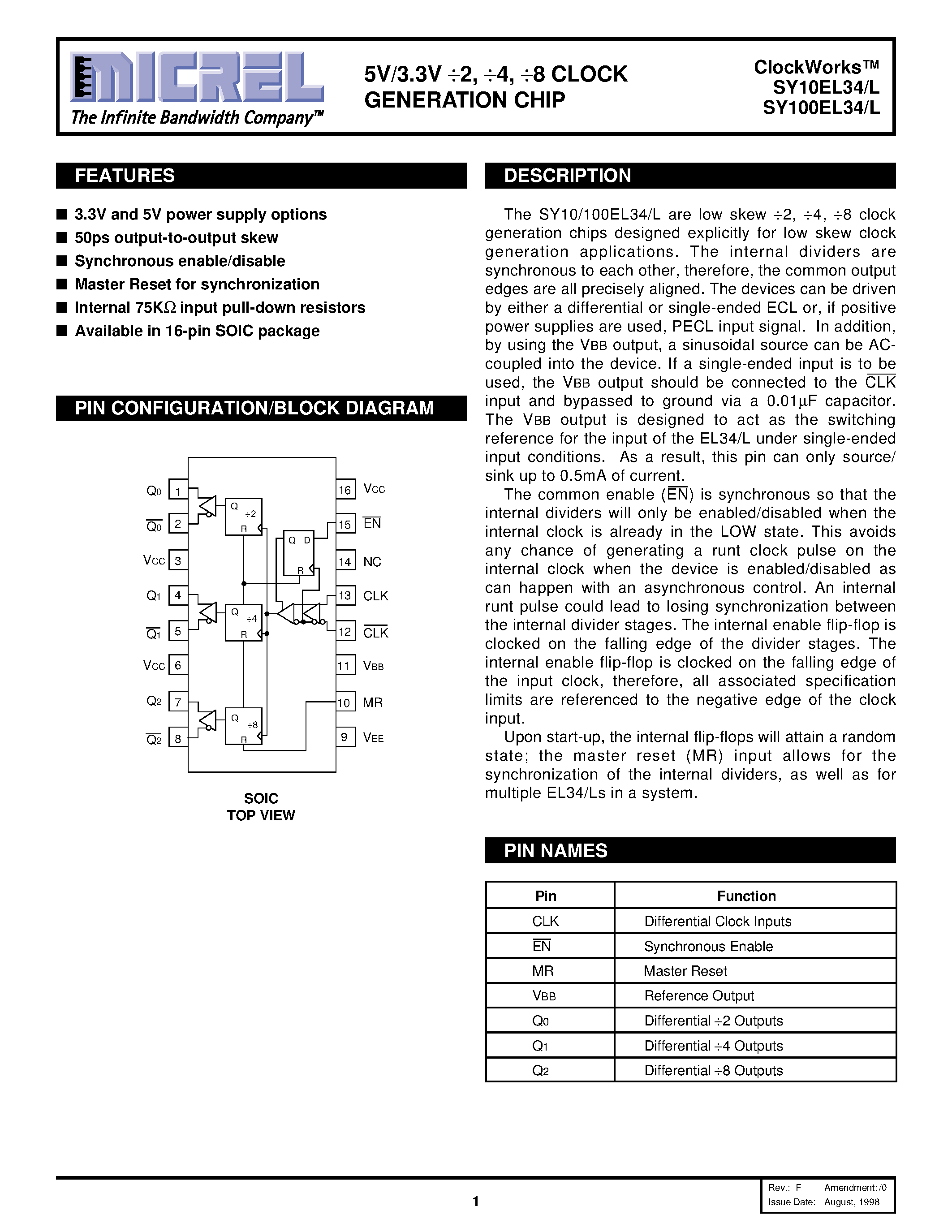 Даташит SY100EL34L - 5V/3.3V /2 /4 /8 CLOCK GENERATION CHIP страница 1