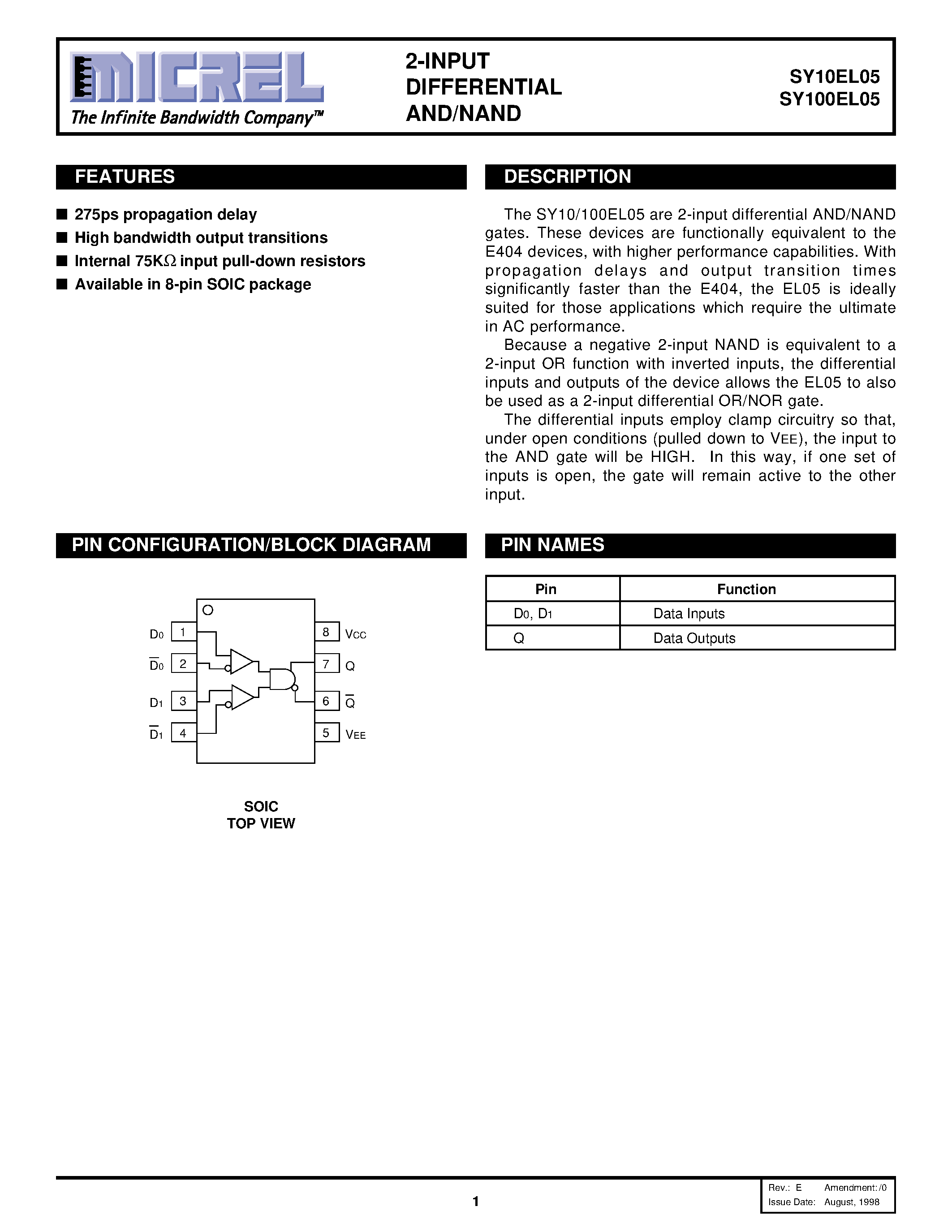 Даташит SY100EL05 - 2-INPUT DIFFERENTIAL AND/NAND страница 1