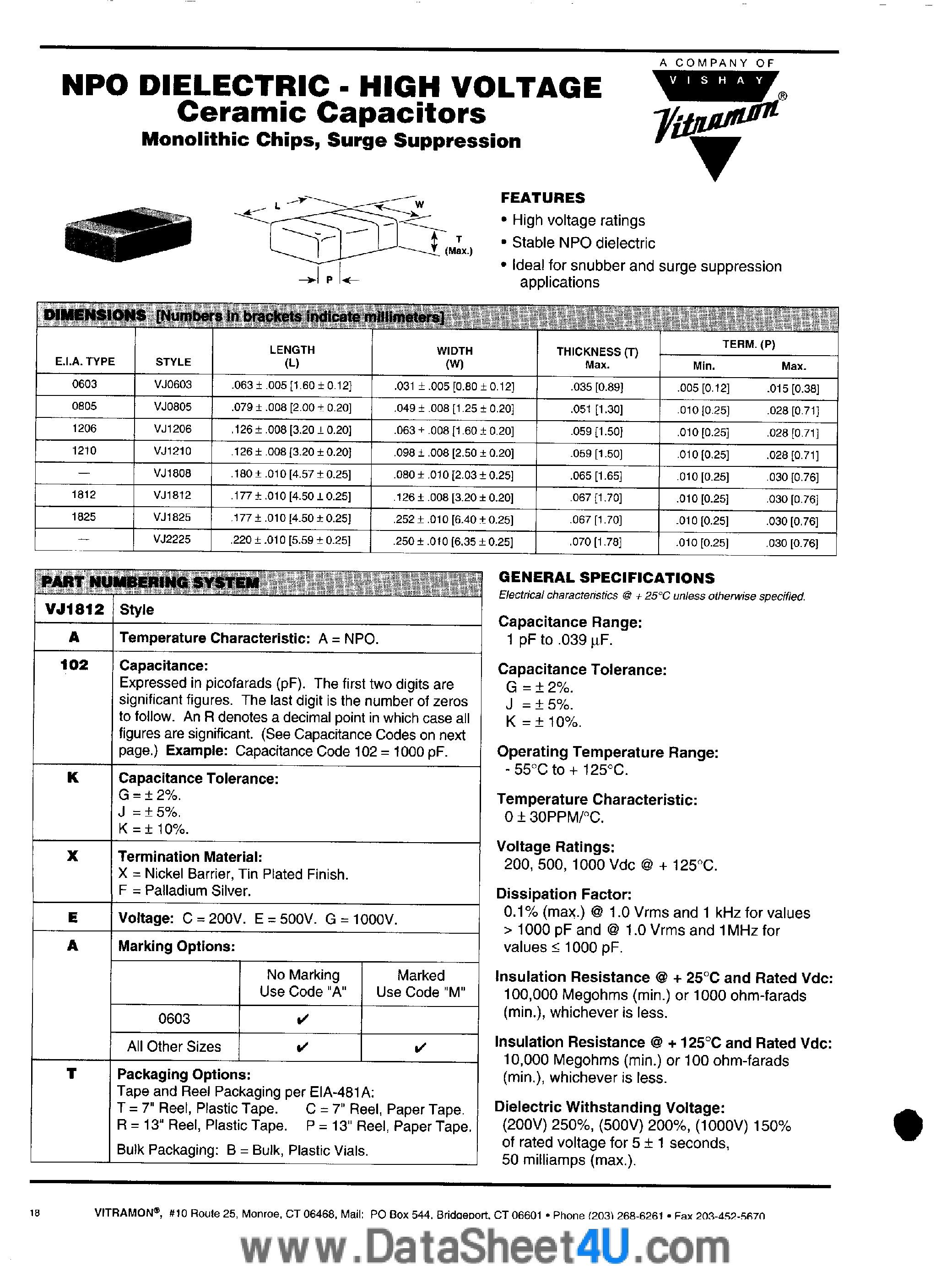 Datasheet VJ1206A102 - (VJ1206Axxx) NPO Dielectric / High Voltage Ceramic Capacitors page 1