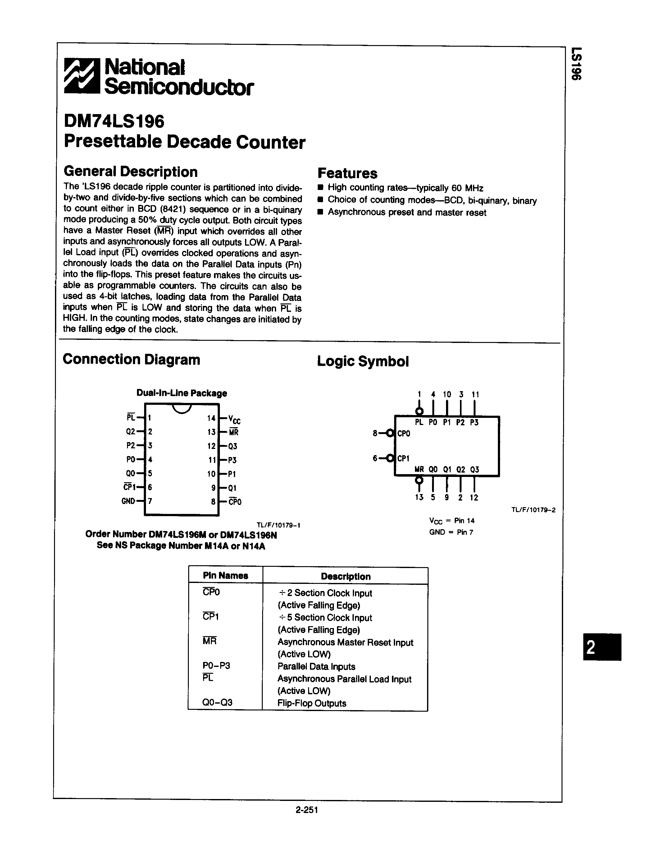 Datasheet DM74LS196 - PRESETTABLE DECADE COUNTER page 1