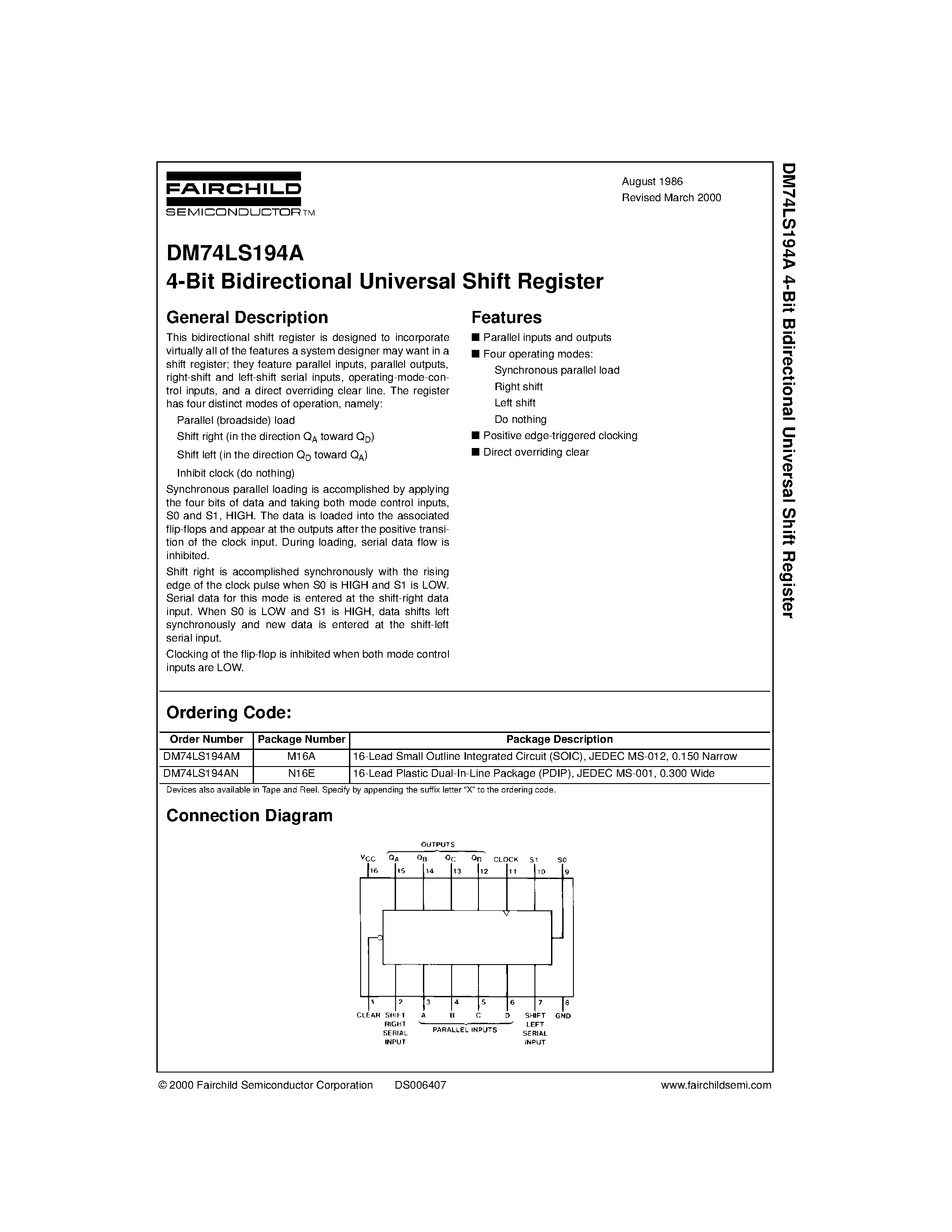 Datasheet DM74LS194A - 4-Bit Bidirectional Universal Shift Register page 1