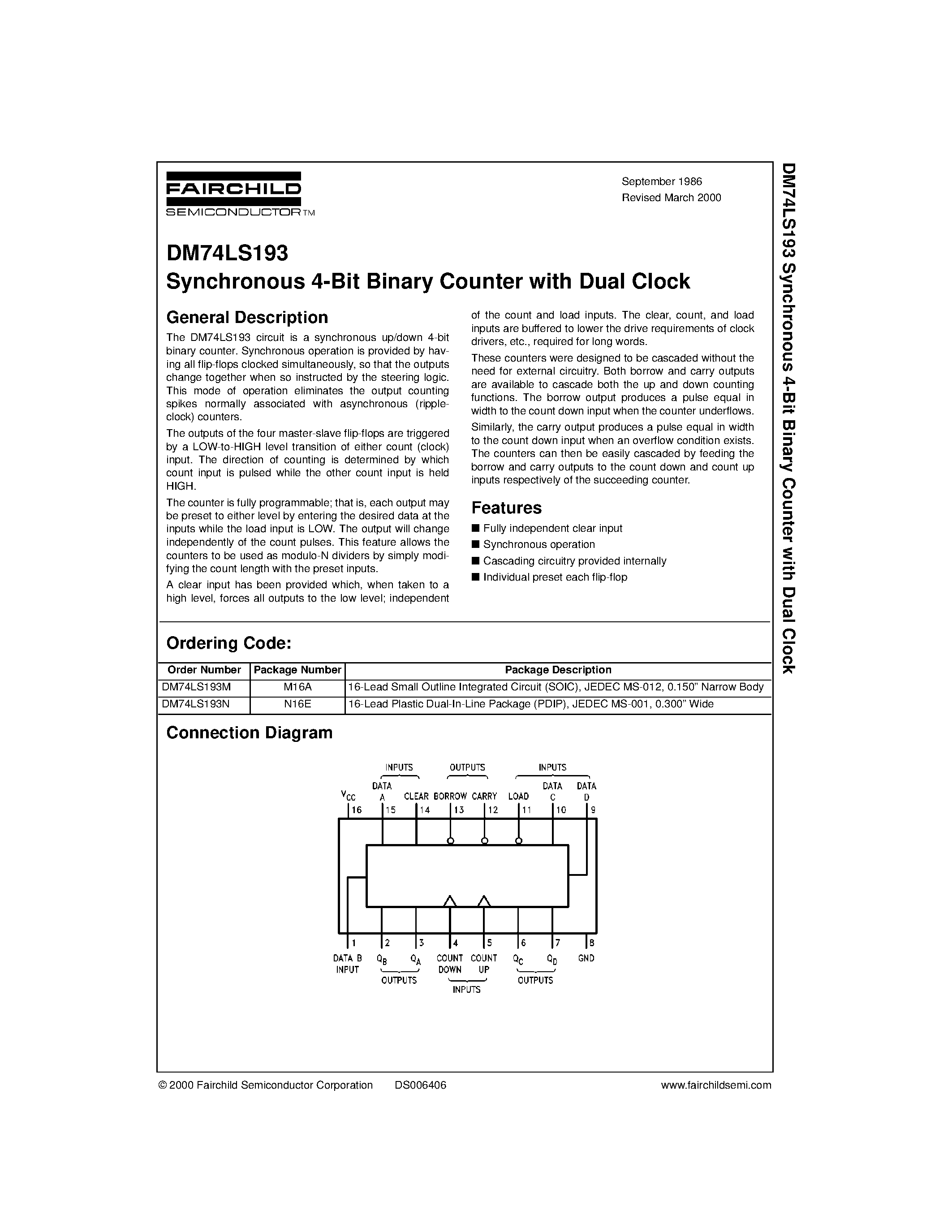 Datasheet DM74LS193 - Synchronous 4-Bit Binary Counter with Dual Clock page 1