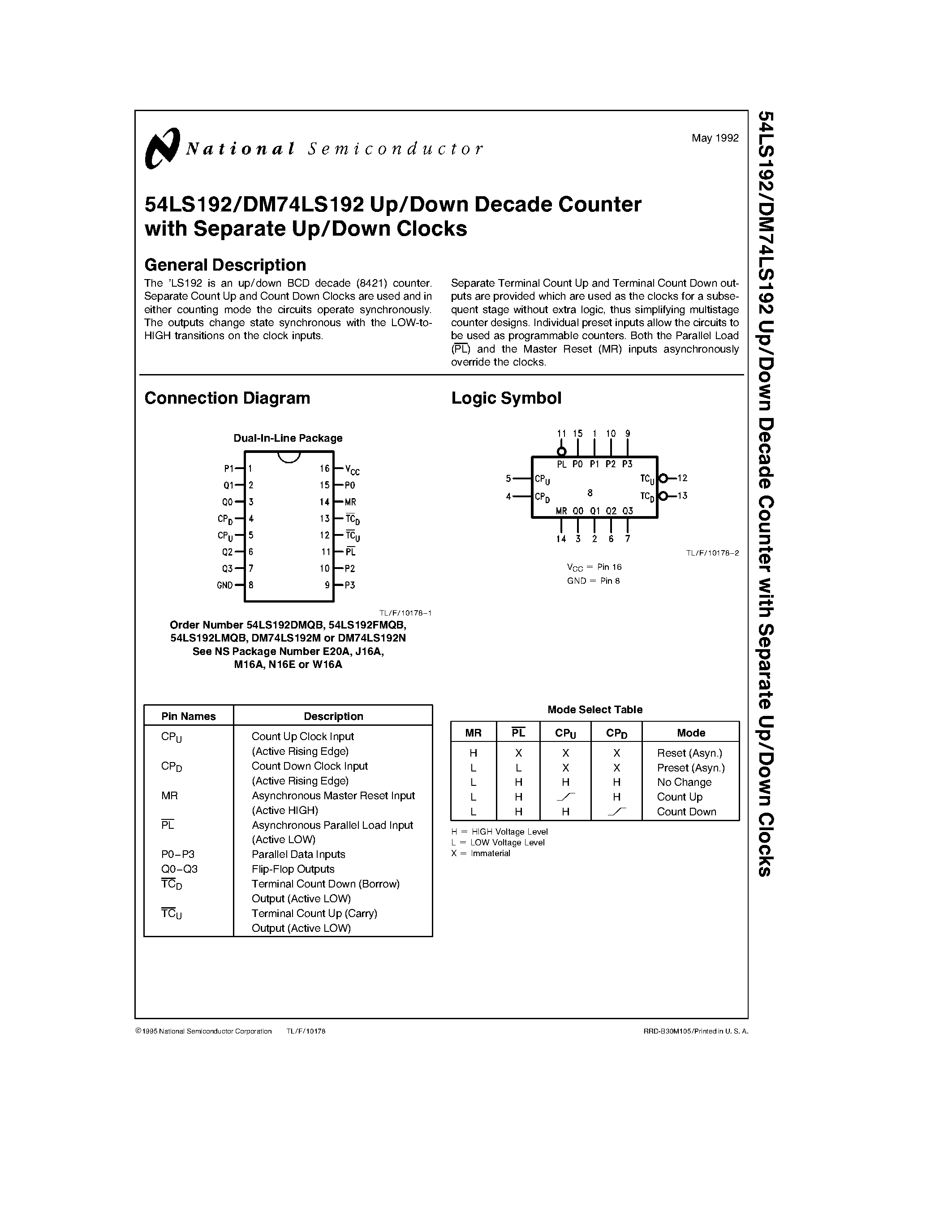 Datasheet DM74LS192 - Up/Down Decade Counter with Separate Up/Down Clocks page 1