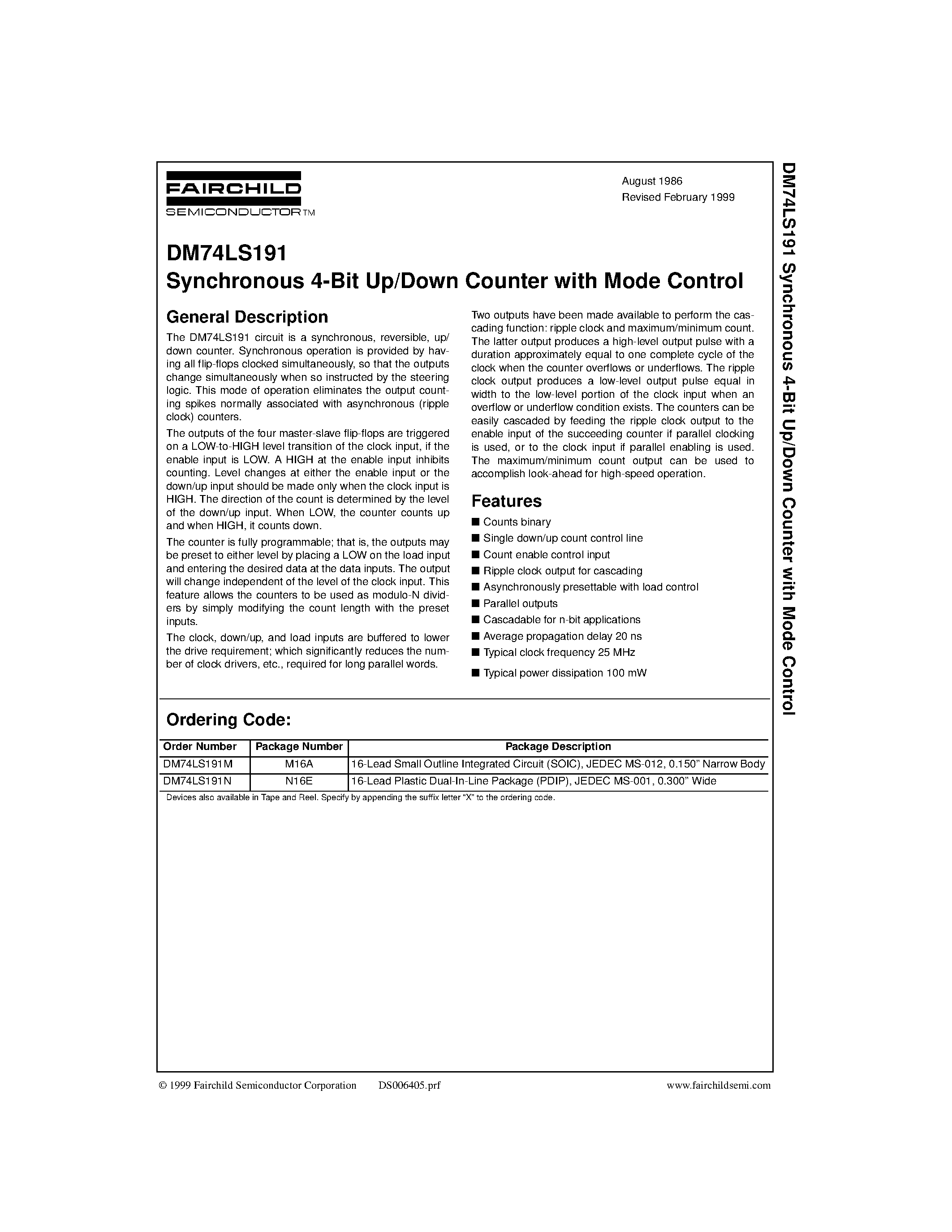 Datasheet DM74LS191 - Synchronous 4-Bit Up/Down Counter with Mode Control page 1