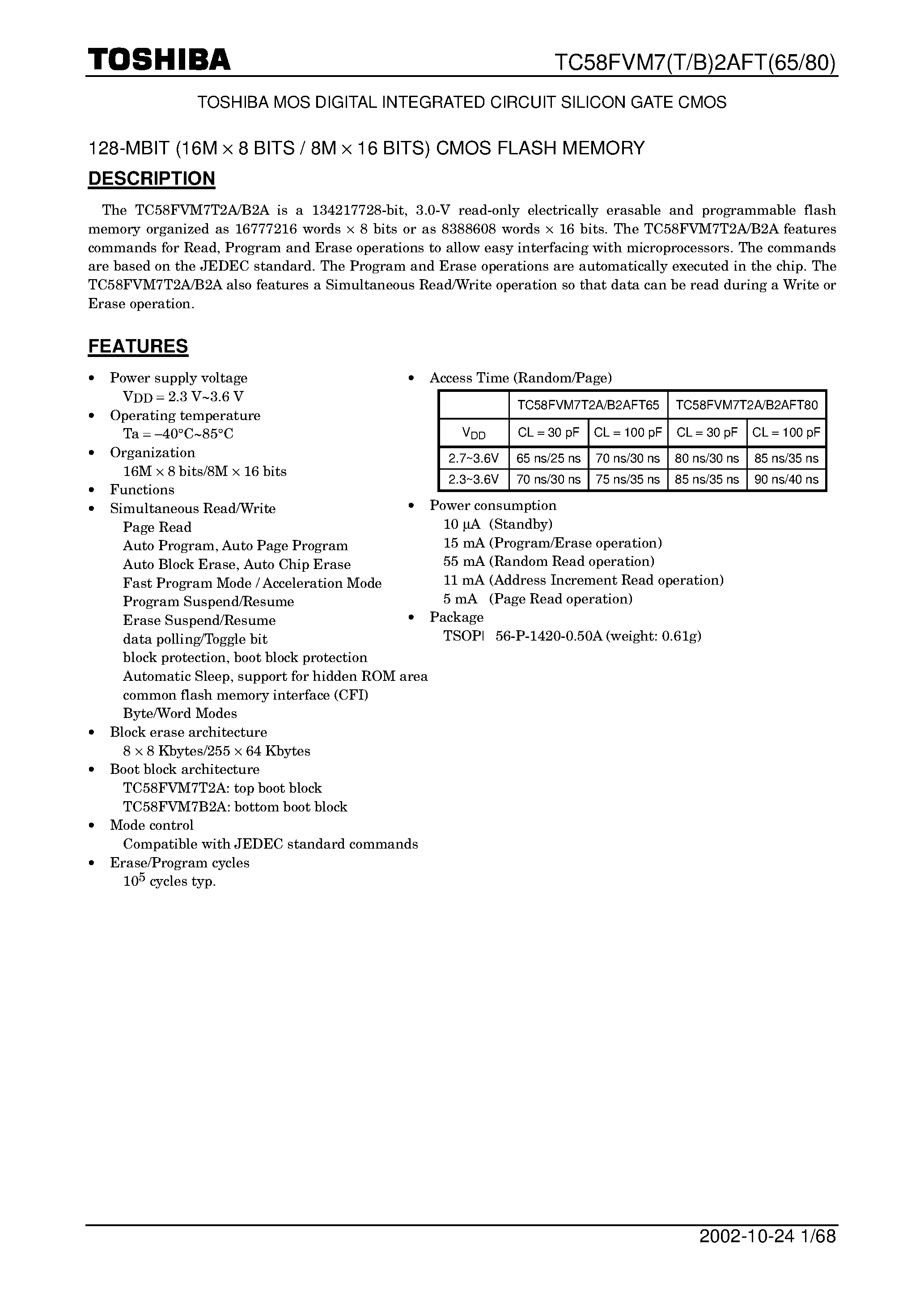 Datasheet TC58FVM7B2 - 128-MBIT (16M X 8 BITS / 8M X 16 BITS) CMOS FLASH MEMORY page 1