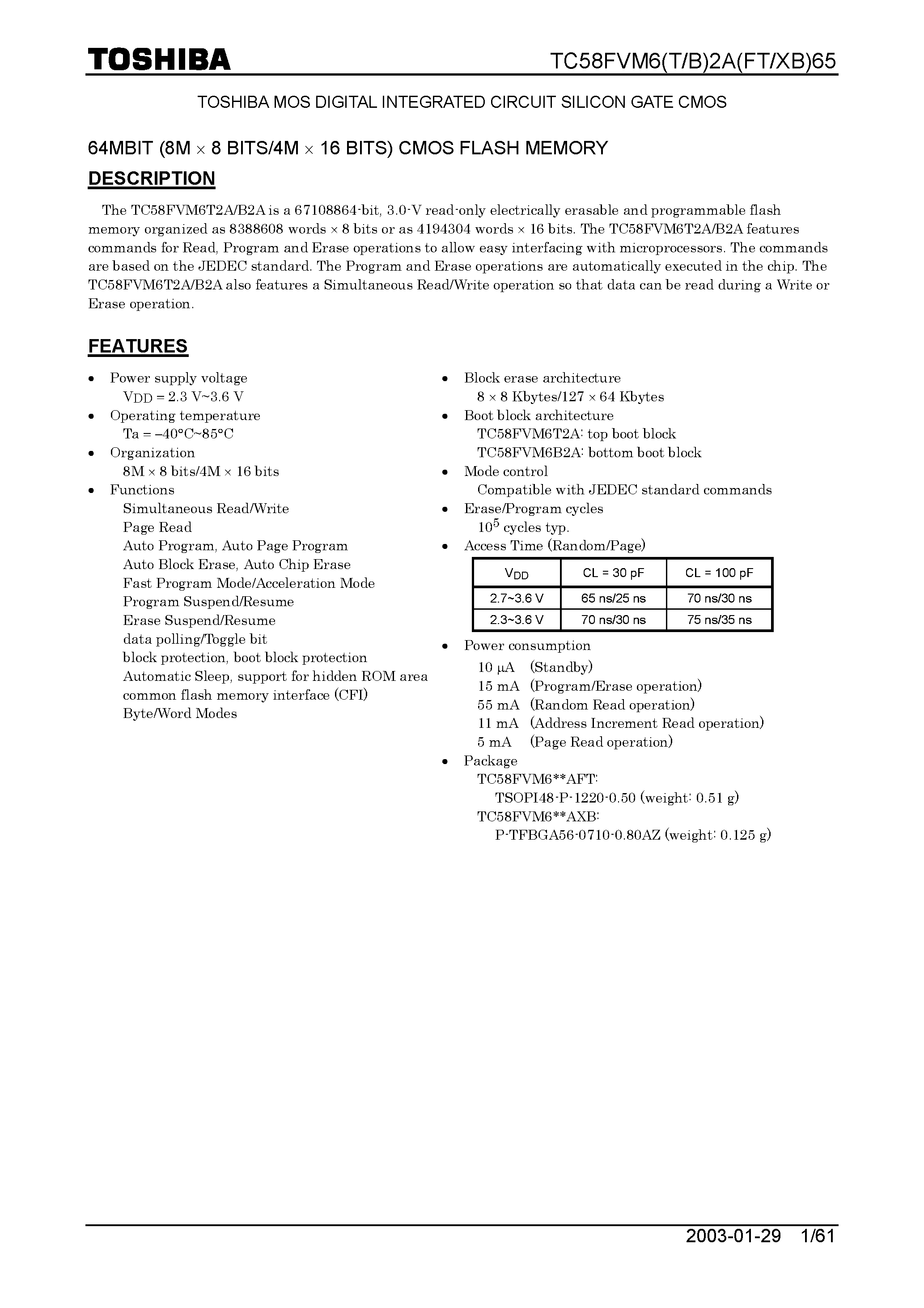 Datasheet TC58FVM62A - TOSHIBA MOS DIGITAL INTEGRATED CIRCUIT SILICON GATE CMOS page 1