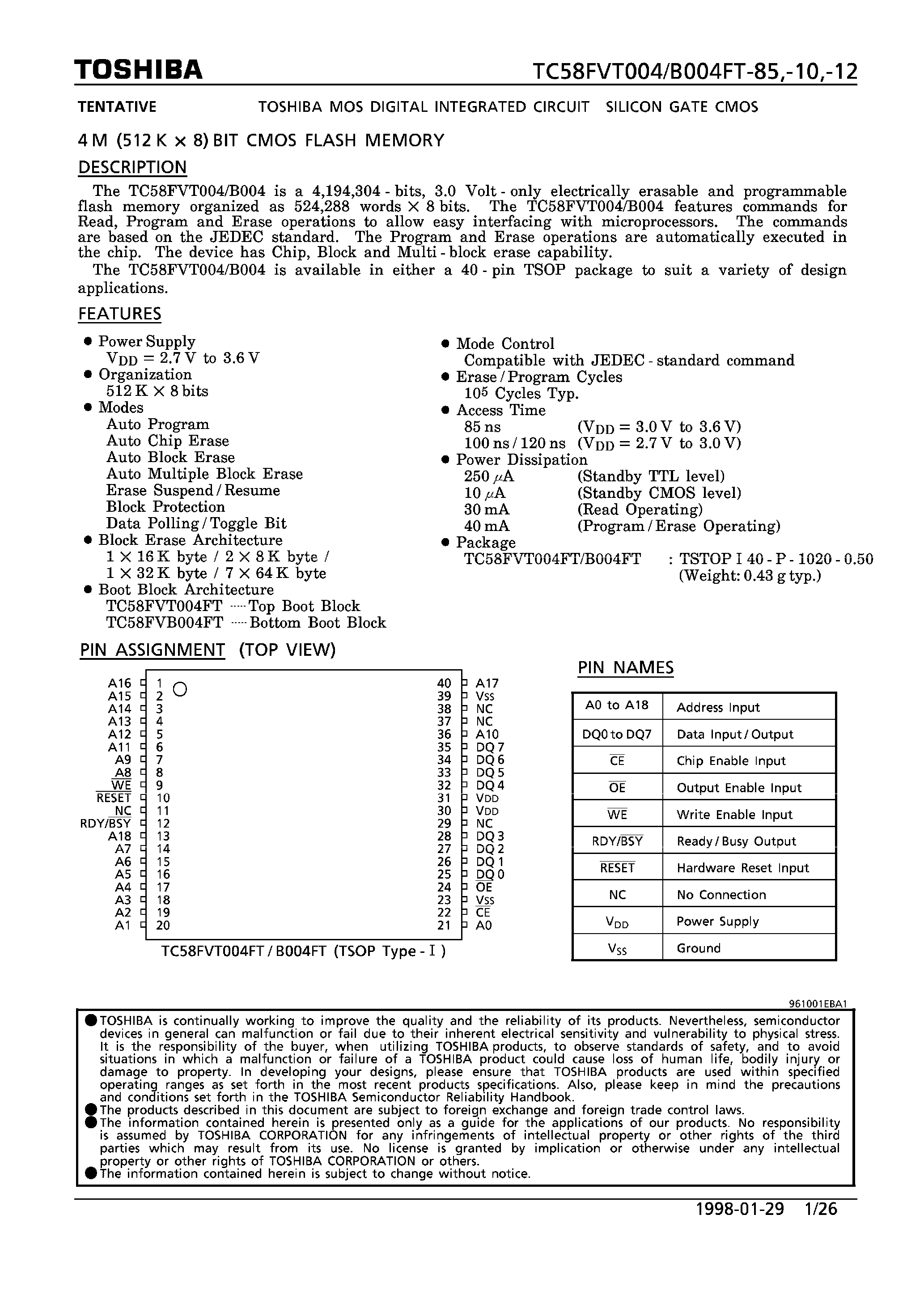 Datasheet TC58FVB004FT - 4M (512K x 8) BIT CMOS FLASH MEMORY page 1