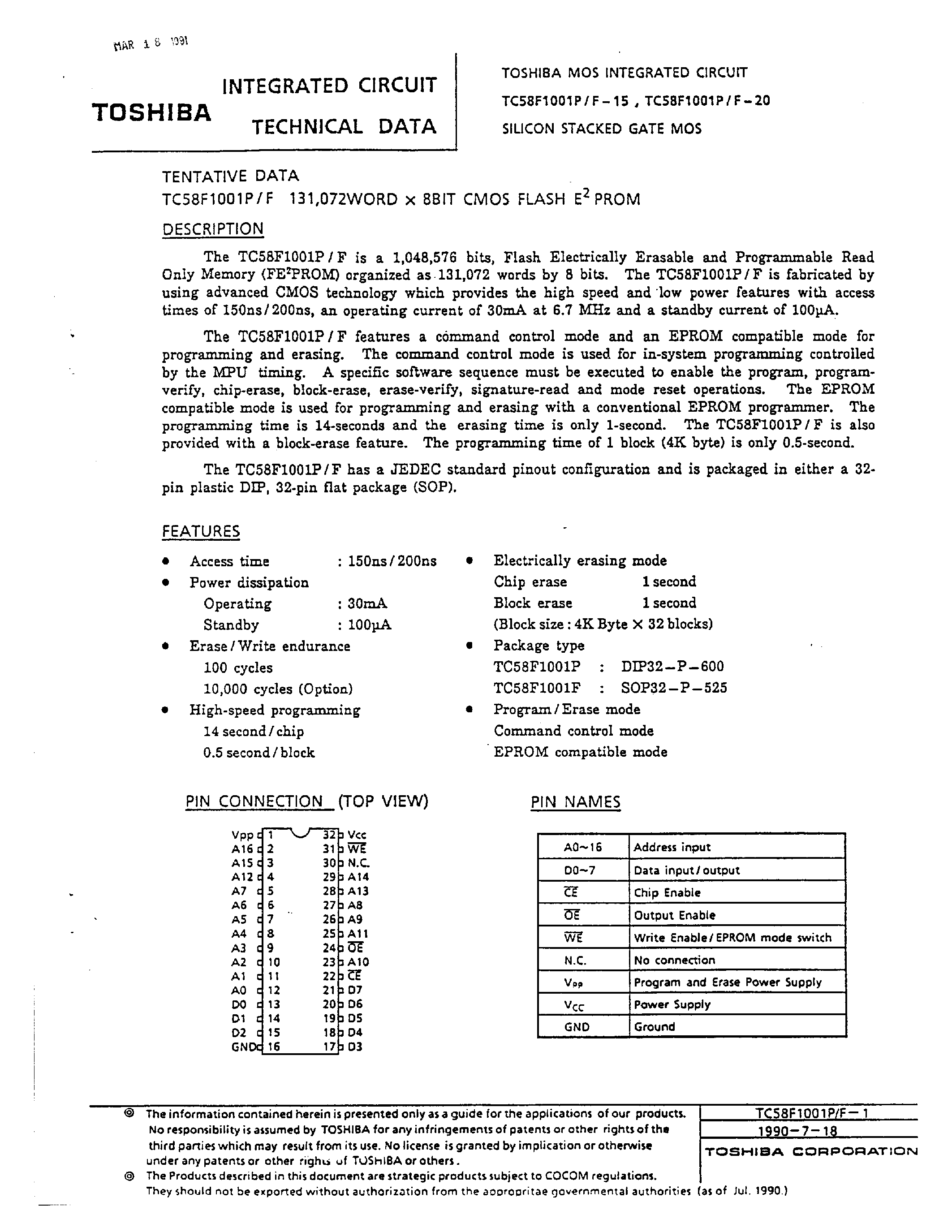 Datasheet TC58F1001F-10 - 131072 WORD x 8 BIT CMOS FLASH E2PROM page 1