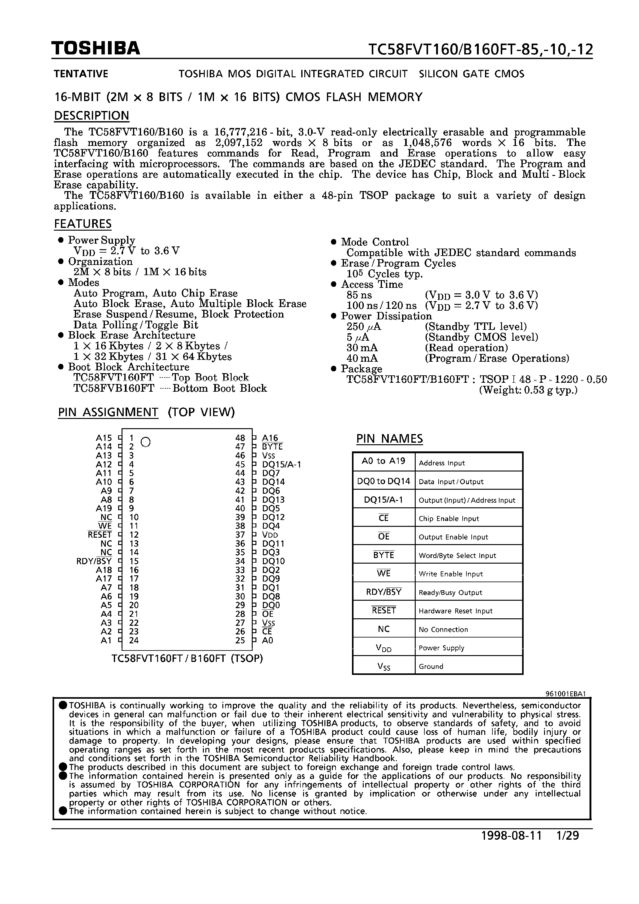 Datasheet TC58FVB160FT - 16-MBIT (2M x 8 BITS/1M x 16 BITS) CMOS FLASH MIMORY page 1