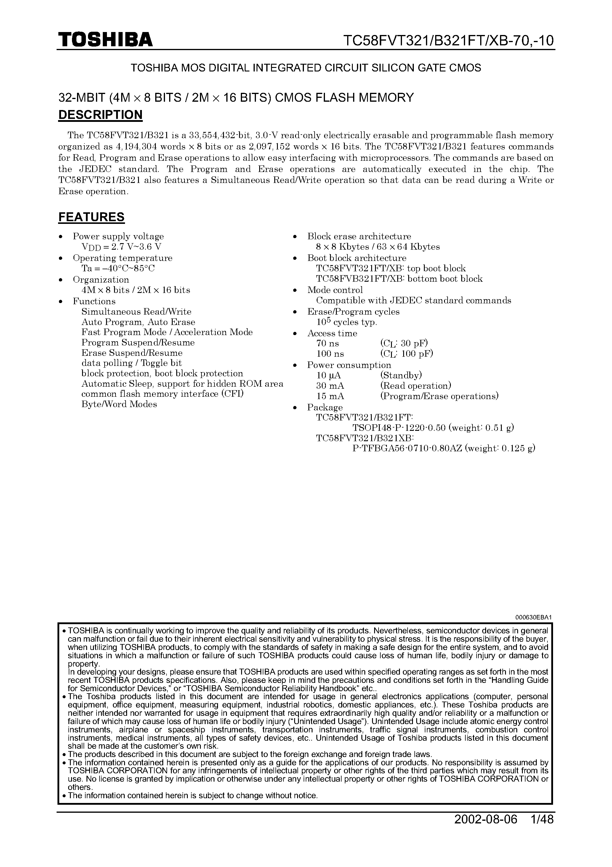 Datasheet TC58FV321 - (TC58Fxxx) 32-MBIT (4M x 8 BITS / 2M x 16 BITS) CMOS FLASH MEMORY page 1