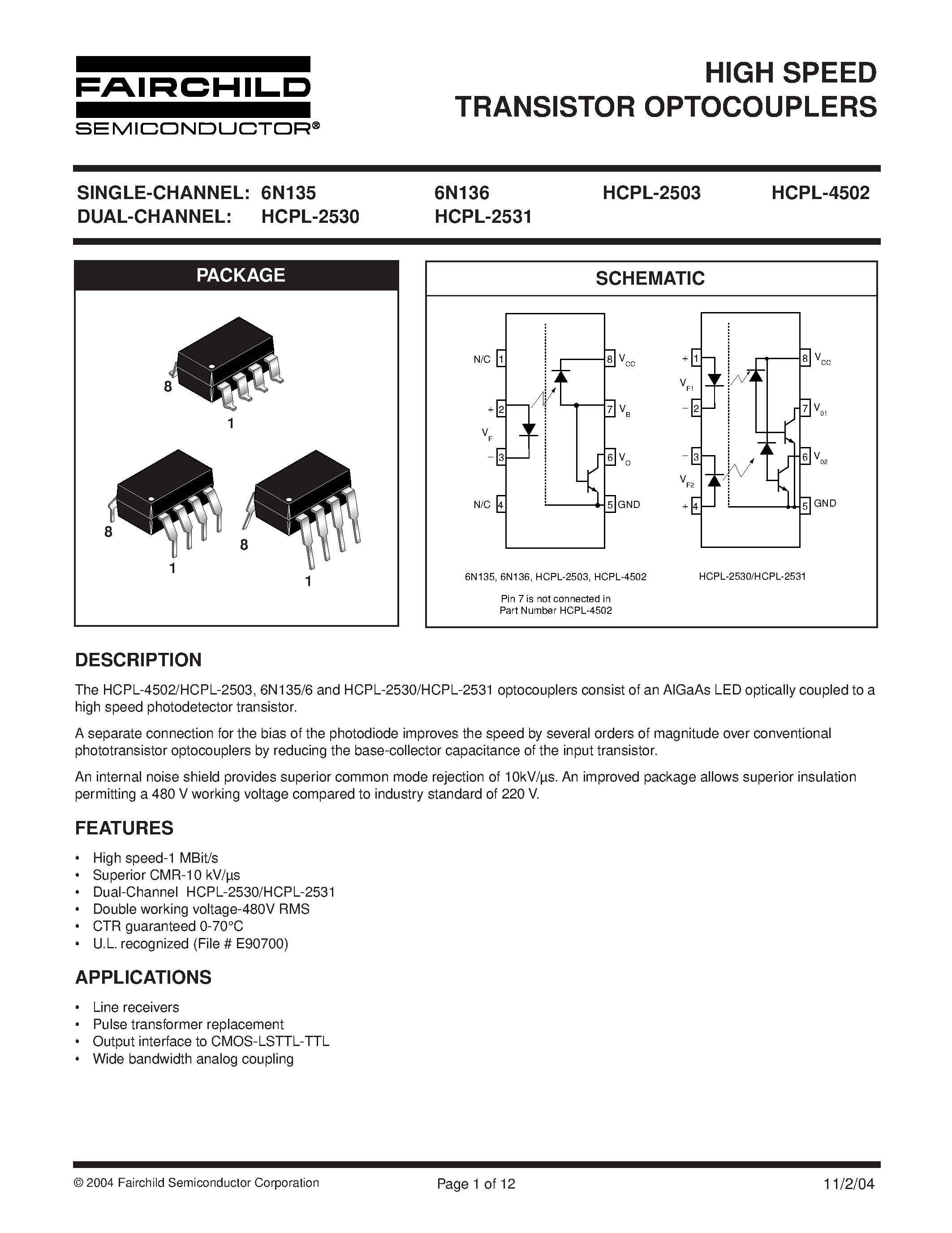 Datasheet HCPL-2503 - (HCPL-xxxx) HIGH SPEED TRANSISTOR OPTOCOUPLERS page 1