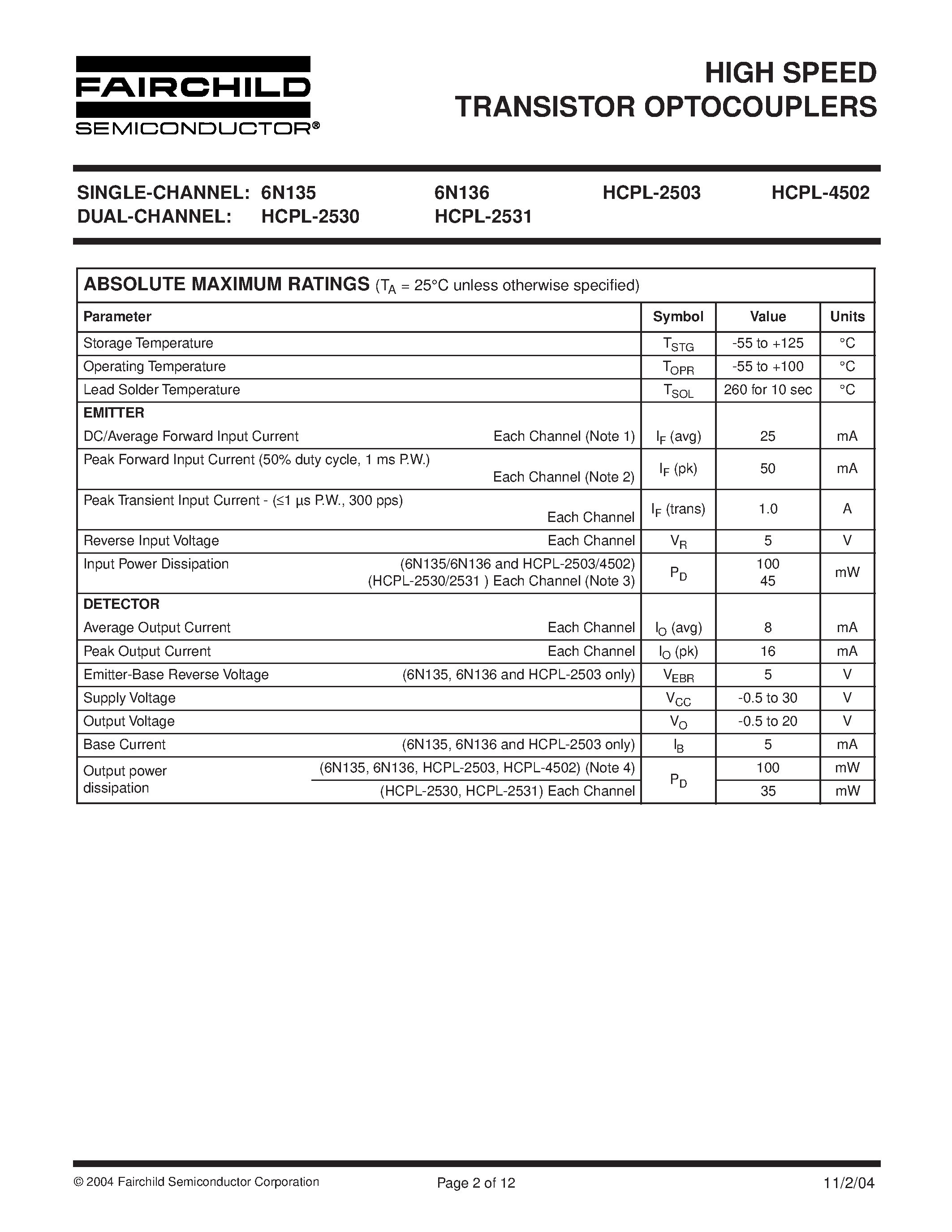 Datasheet HCPL-2503 - (HCPL-xxxx) HIGH SPEED TRANSISTOR OPTOCOUPLERS page 2