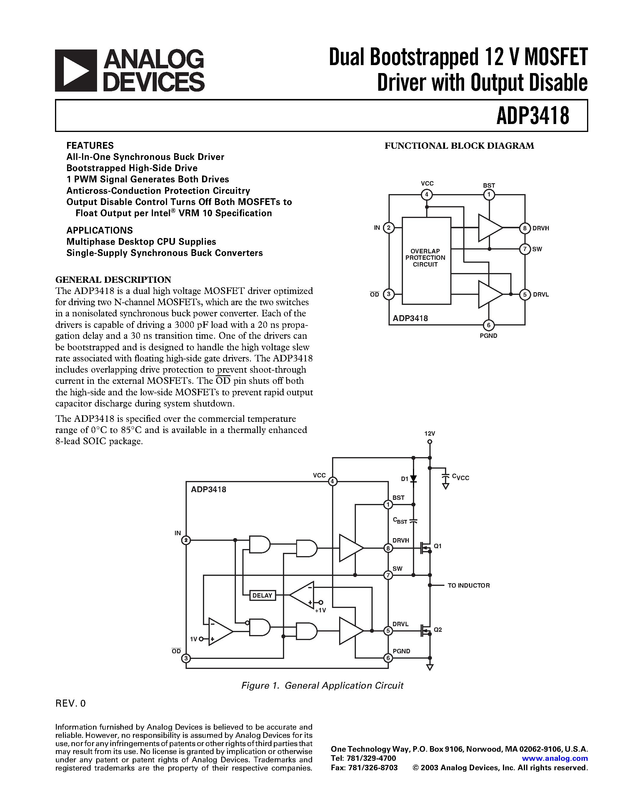 Datasheet ADP3418 - Dual Bootstrapped 12 V MOSFET Driver with Output Disable page 1