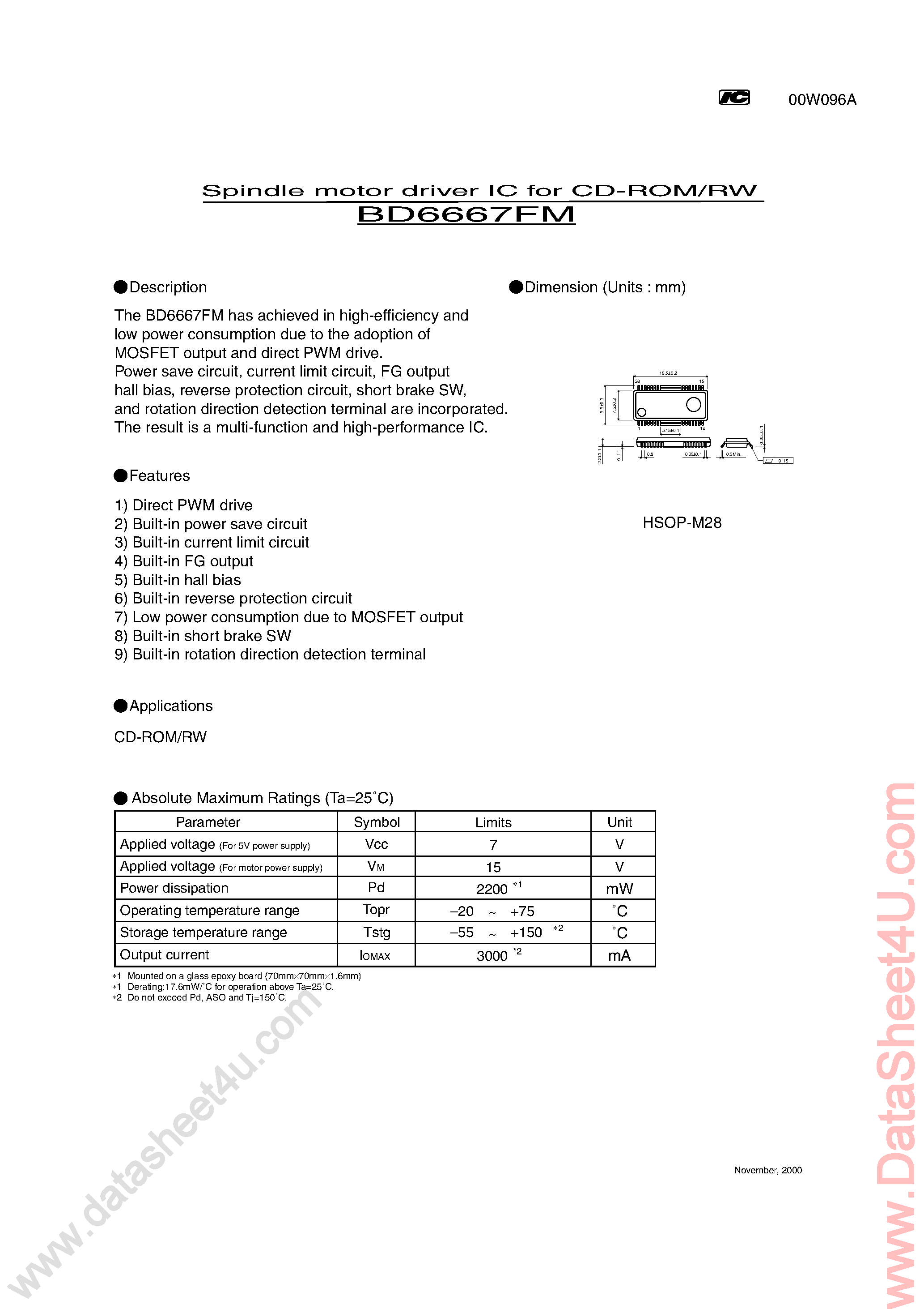 Даташит BD6667FM - Spindle Motor Driver IC страница 1