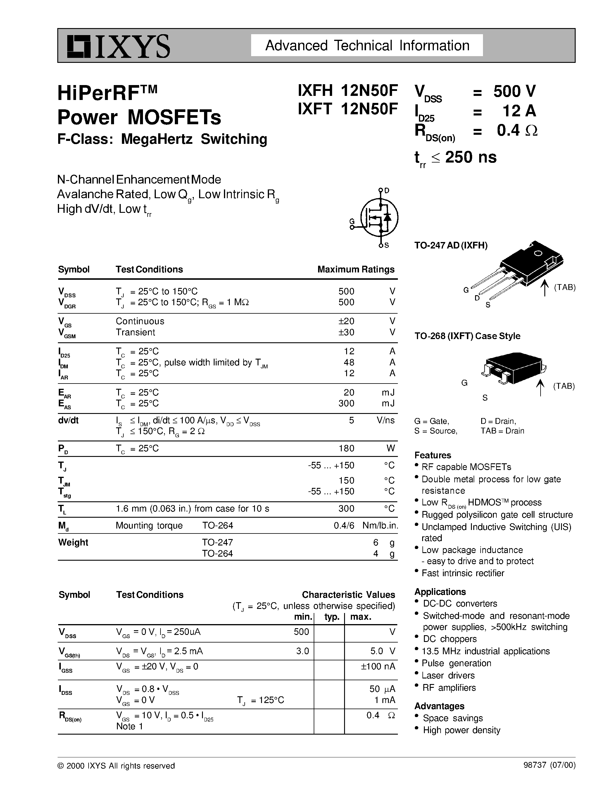 Даташит IXFH12N50F - HiPerRF Power MOSFETs F-Class: MegaHertz Switching страница 1