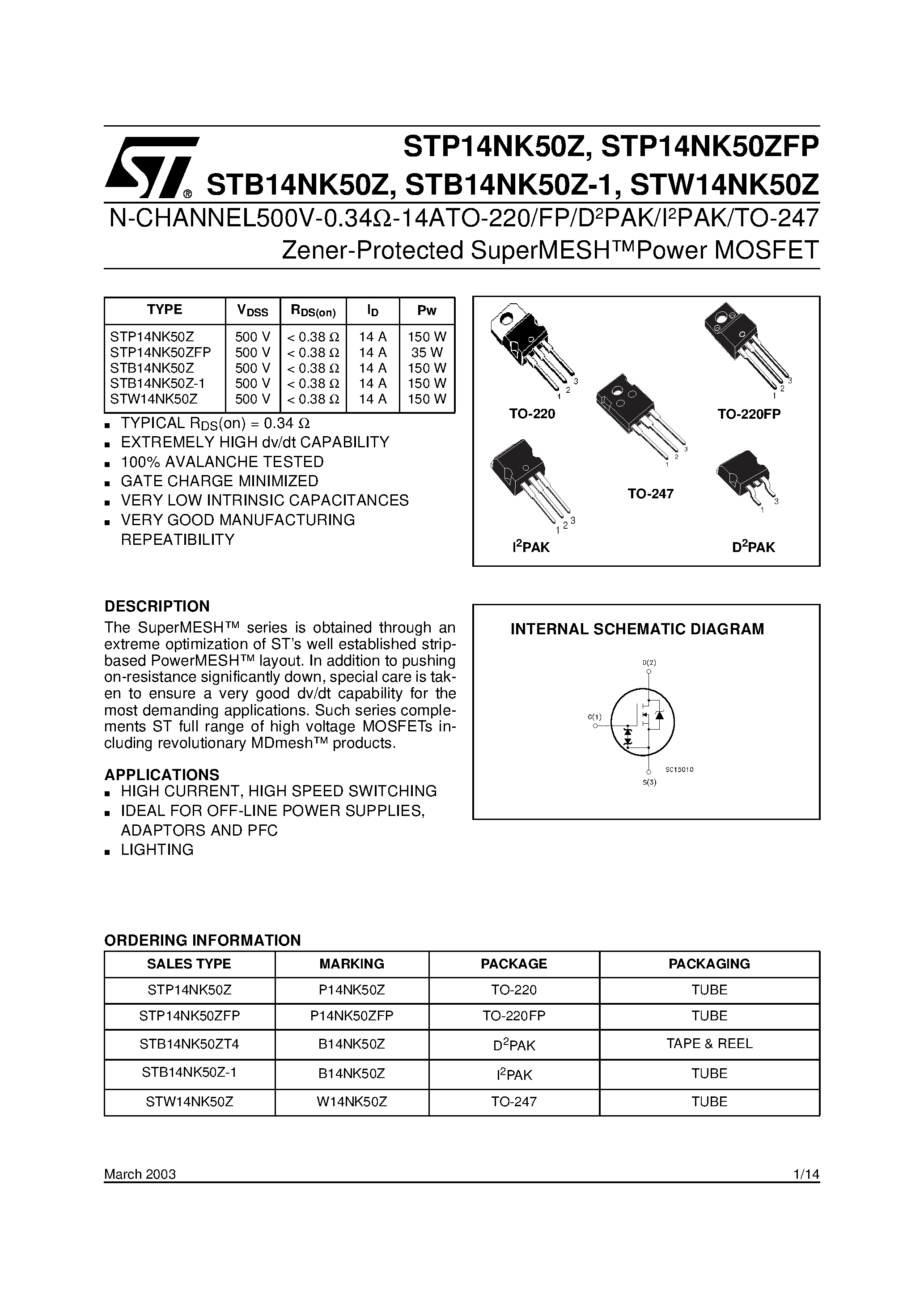 Даташит STP14NK50Z - N-CHANNEL Power MOSFET страница 1