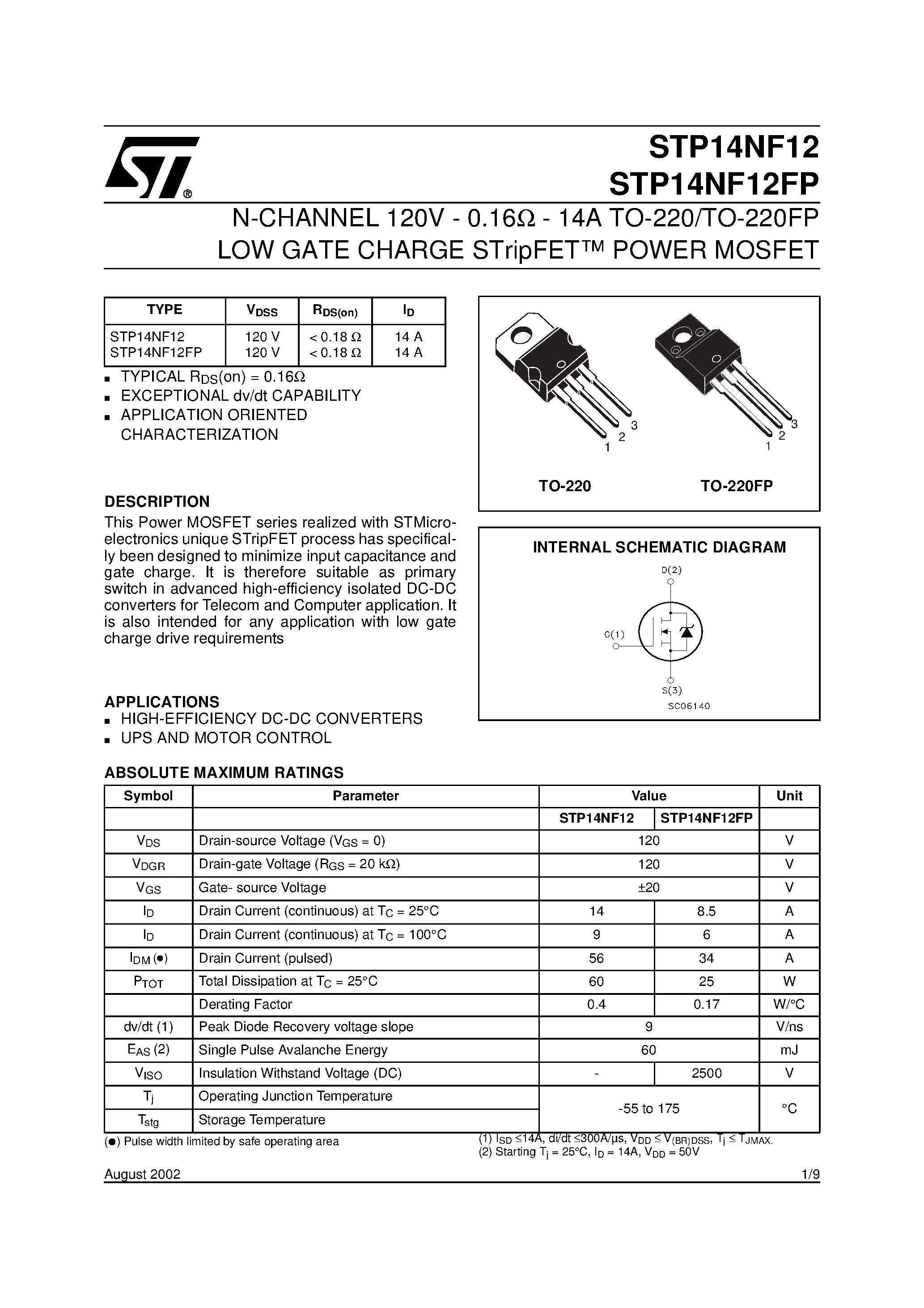 Даташит STP14NF12 - N-CHANNEL Power MOSFET страница 1