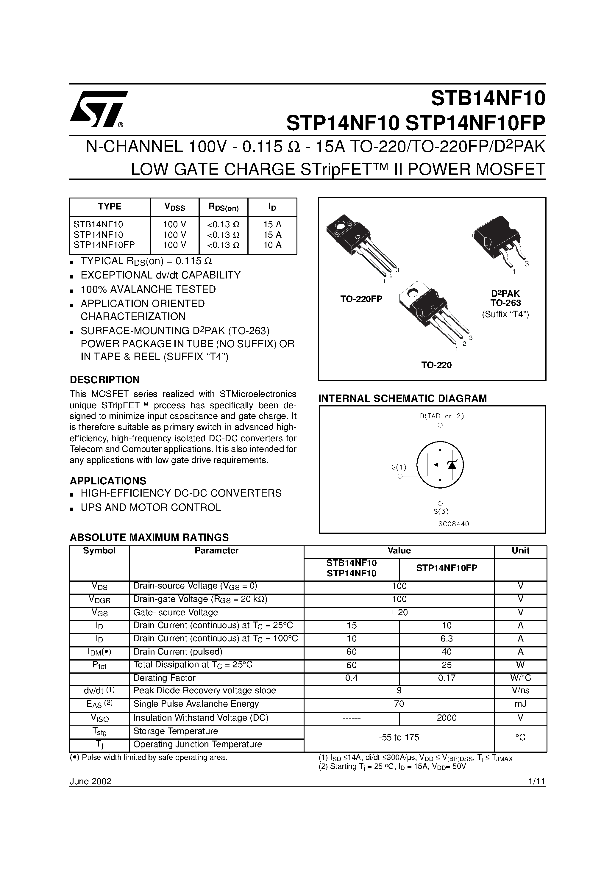 Даташит STP14NF10 - N-CHANNEL Power MOSFET страница 1