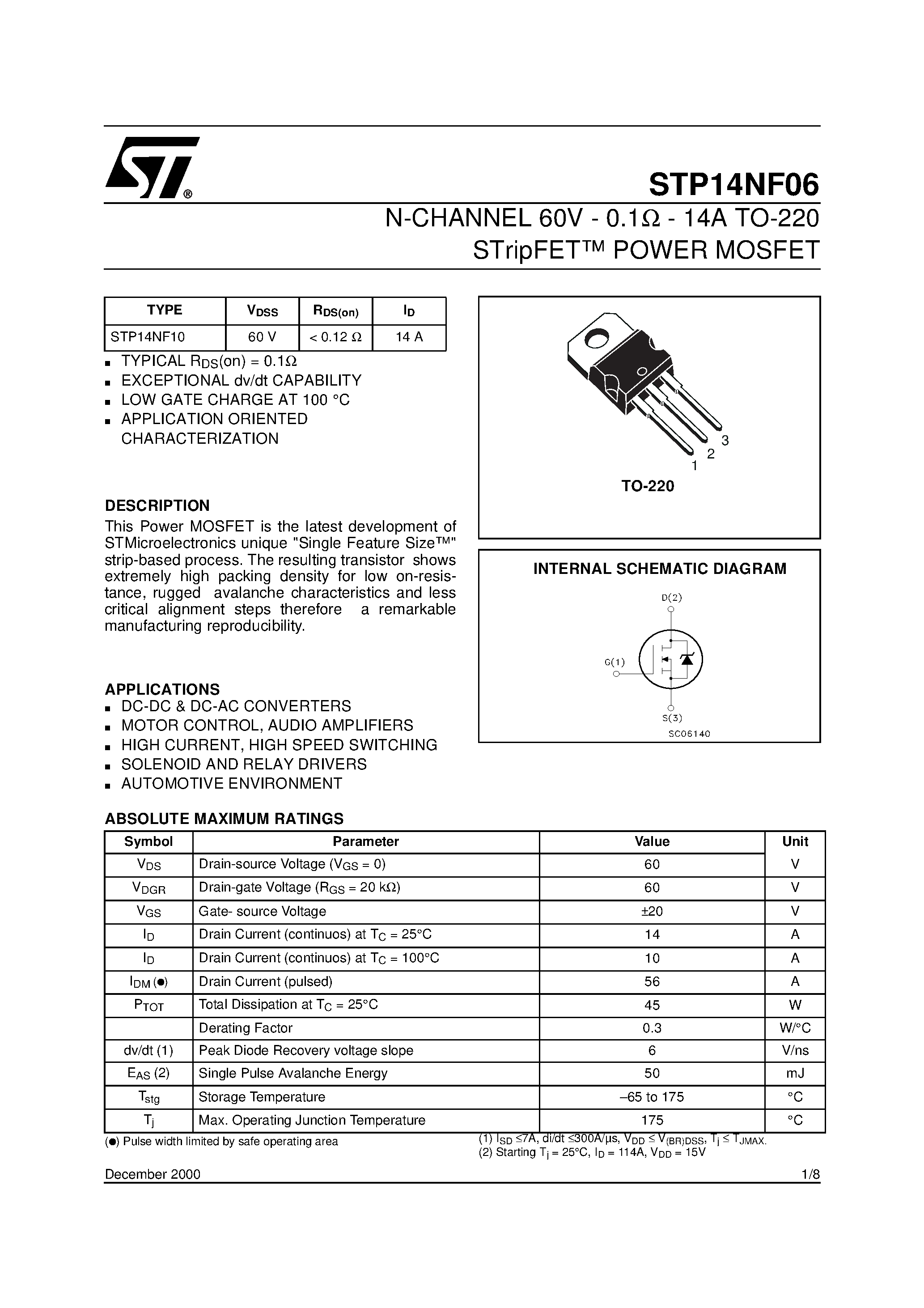 Даташит STP14NF06 - N-CHANNEL Power MOSFET страница 1