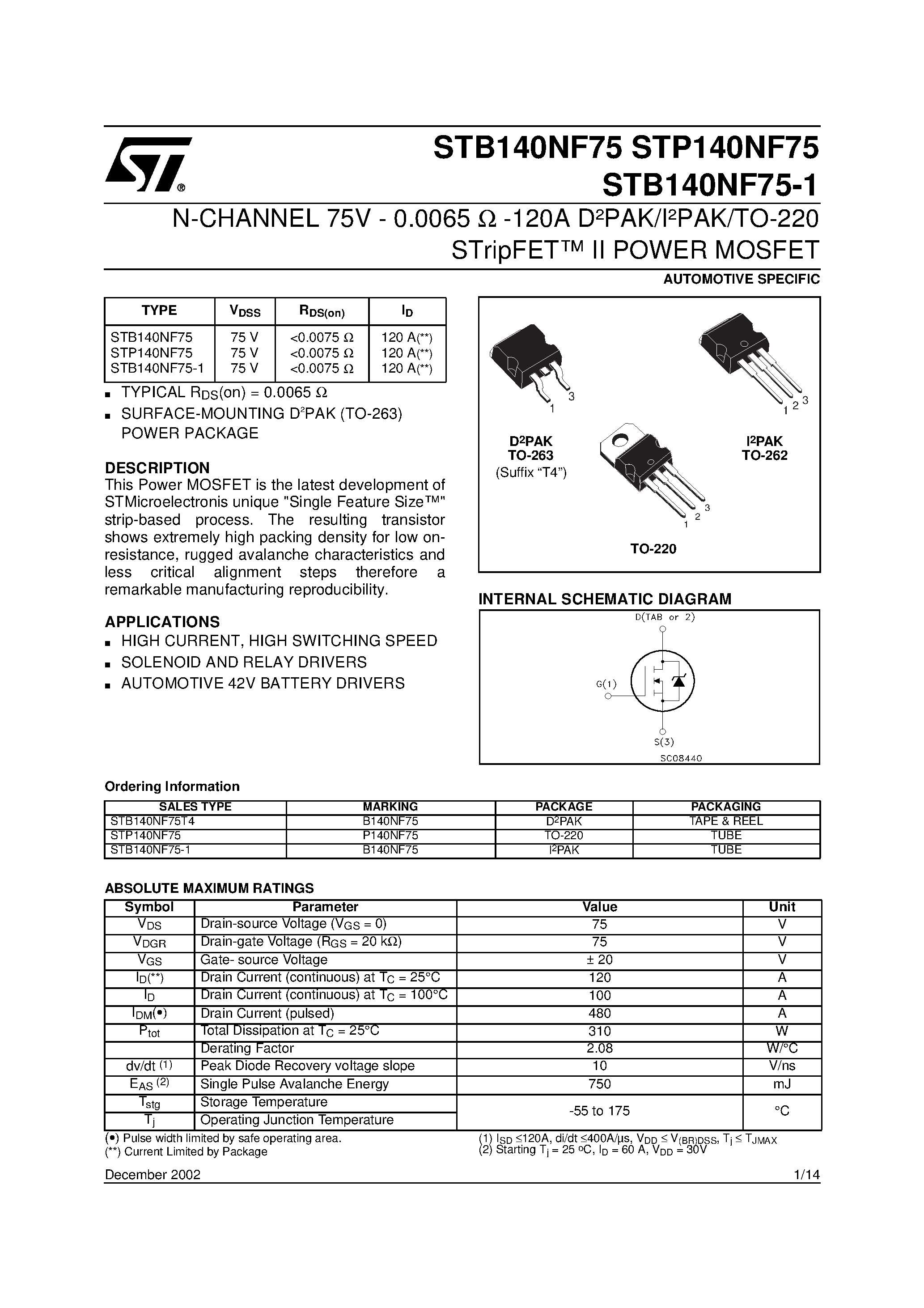 Даташит STP140NF75 - N-CHANNEL Power MOSFET страница 1