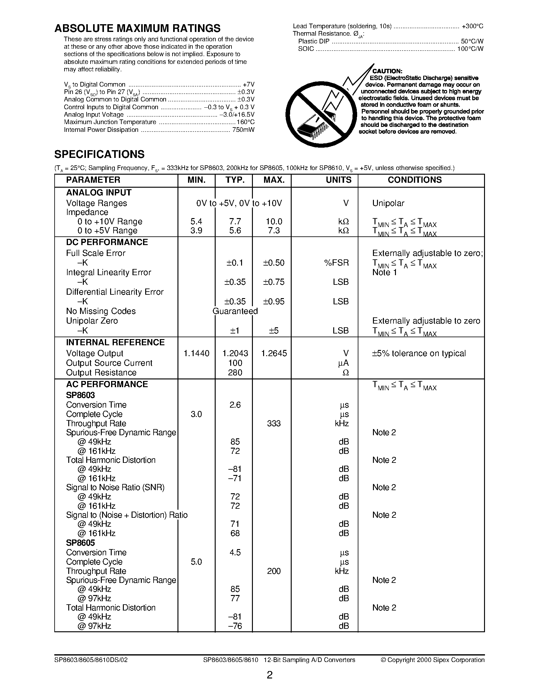 Даташит на микросхему SP8603 страница 2 Даташит SP8603 - (SP8603 / SP8605 / SP8610) 12-Bit Sampling A/D Converters страница 2