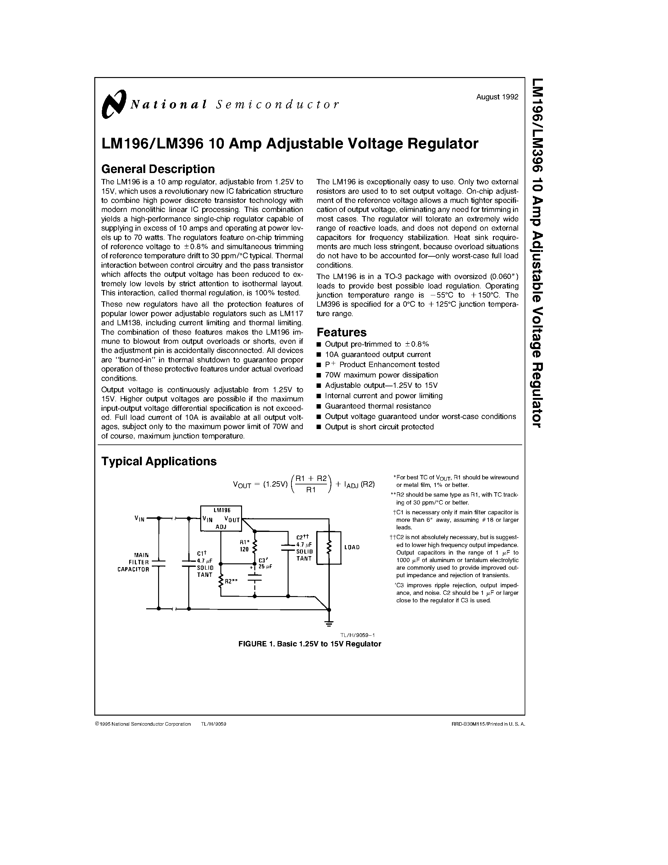 Даташит LM396 - 10 Amp Adjustable Voltage Regulator страница 1