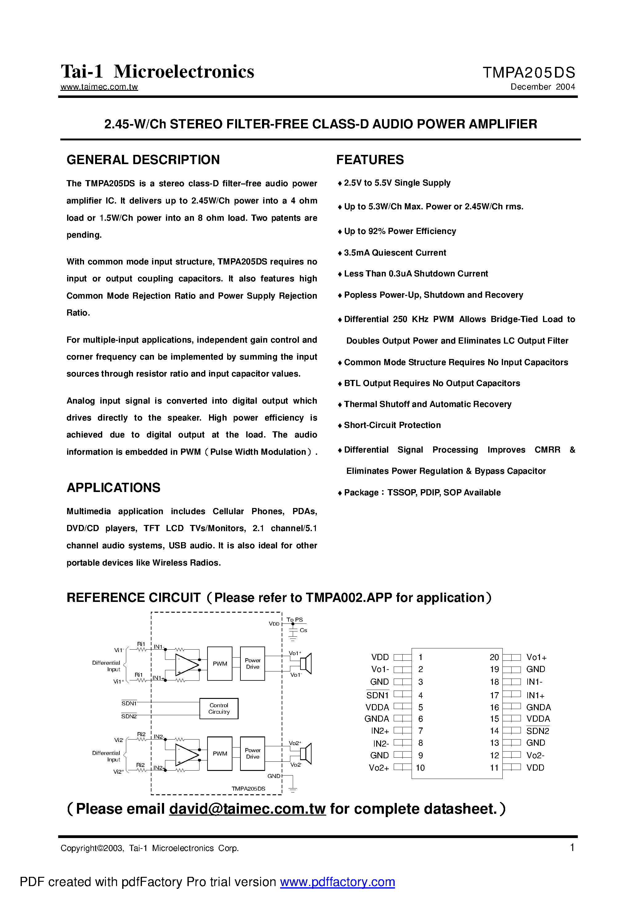 Даташит TMPA205DS - 2.45-W/Ch STEREO FILTER-FREE CLASS-D AUDIO POWER AMPLIFIER страница 1