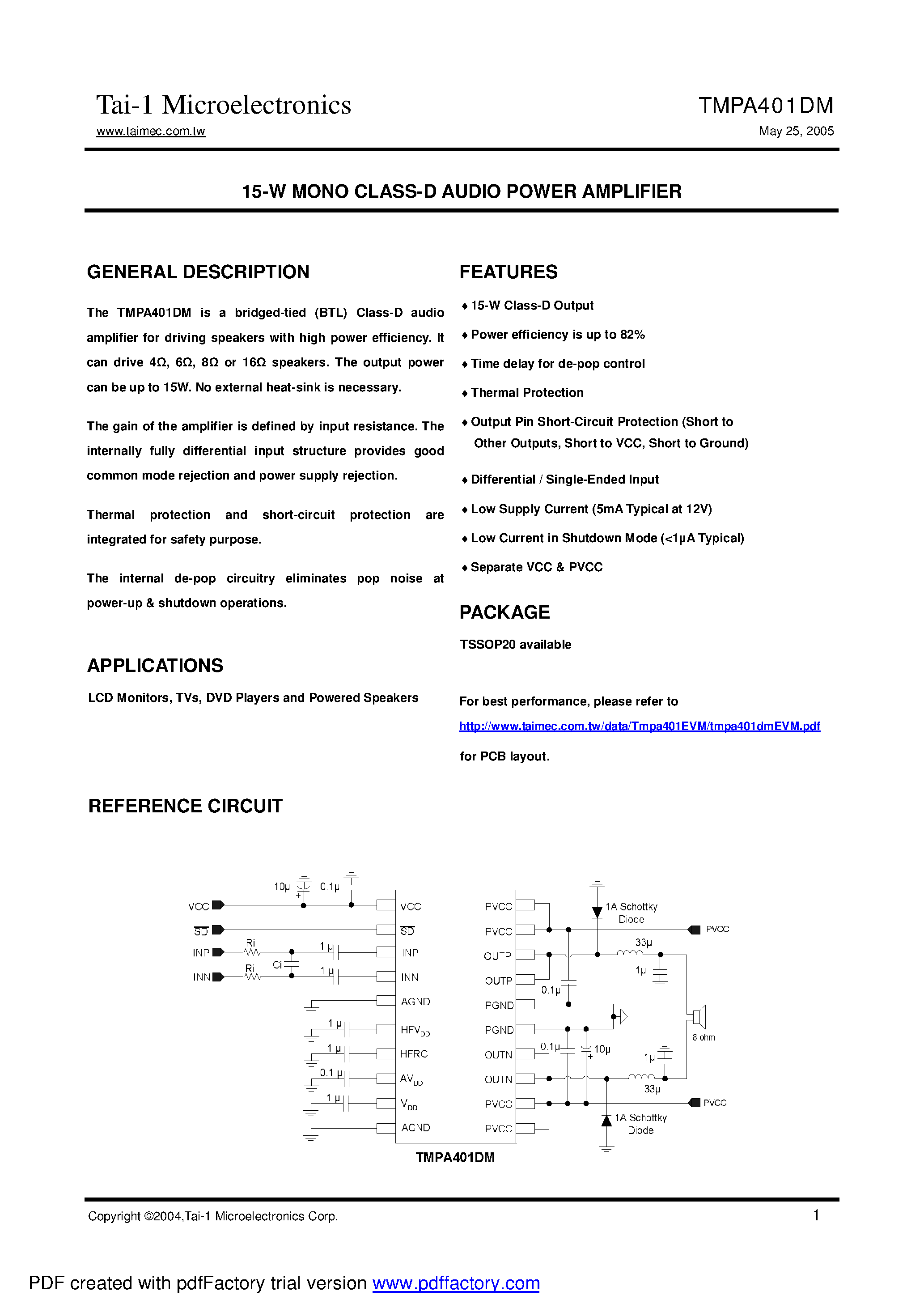 Datasheet TMPA401DM - 15-W MONO CLASS-D AUDIO POWER AMPLIFIER page 1