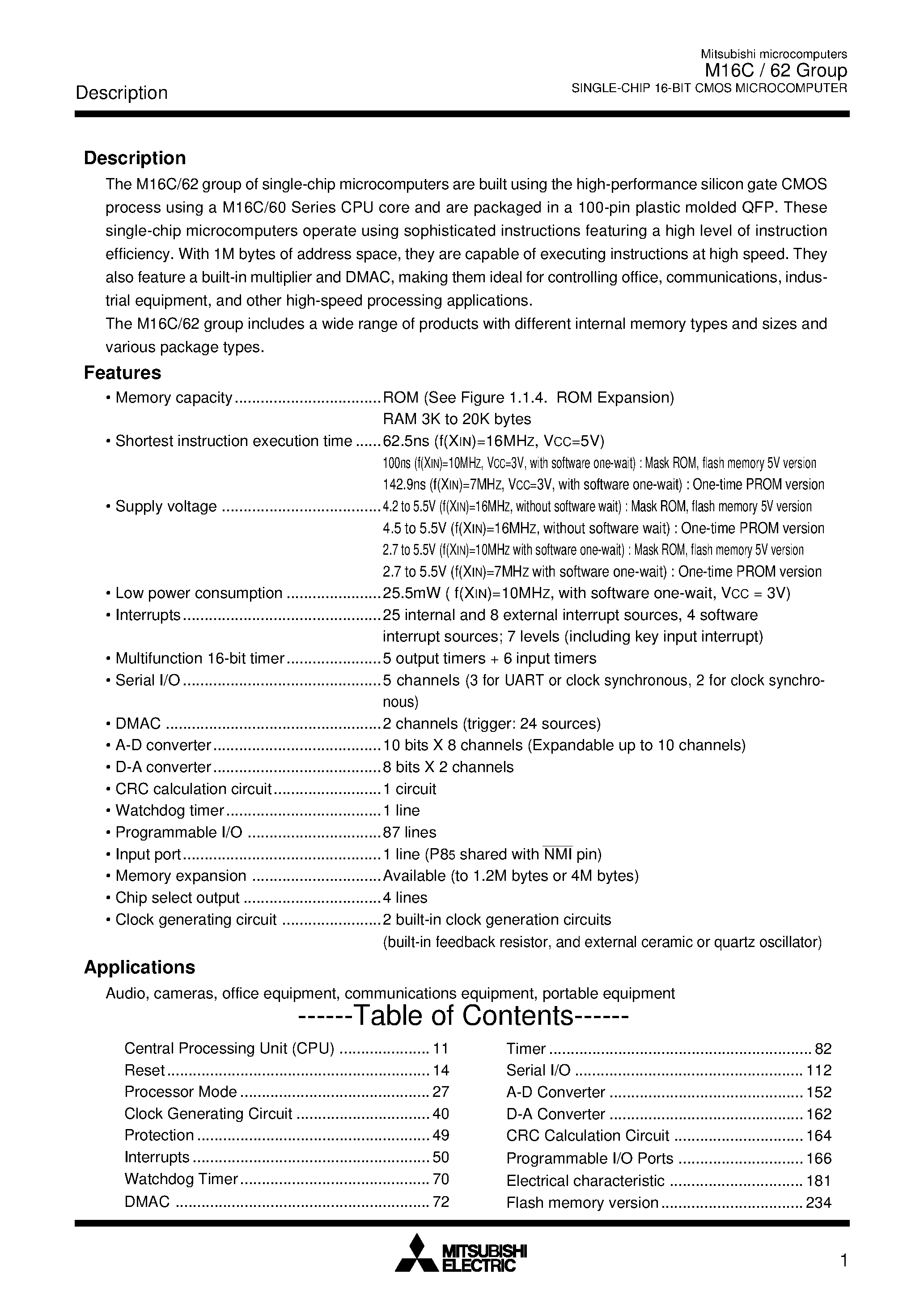 Datasheet M30622MA - (M30622MA/B/C) SINGLE-CHIP 16-BIT CMOS MICROCOMPUTER page 1