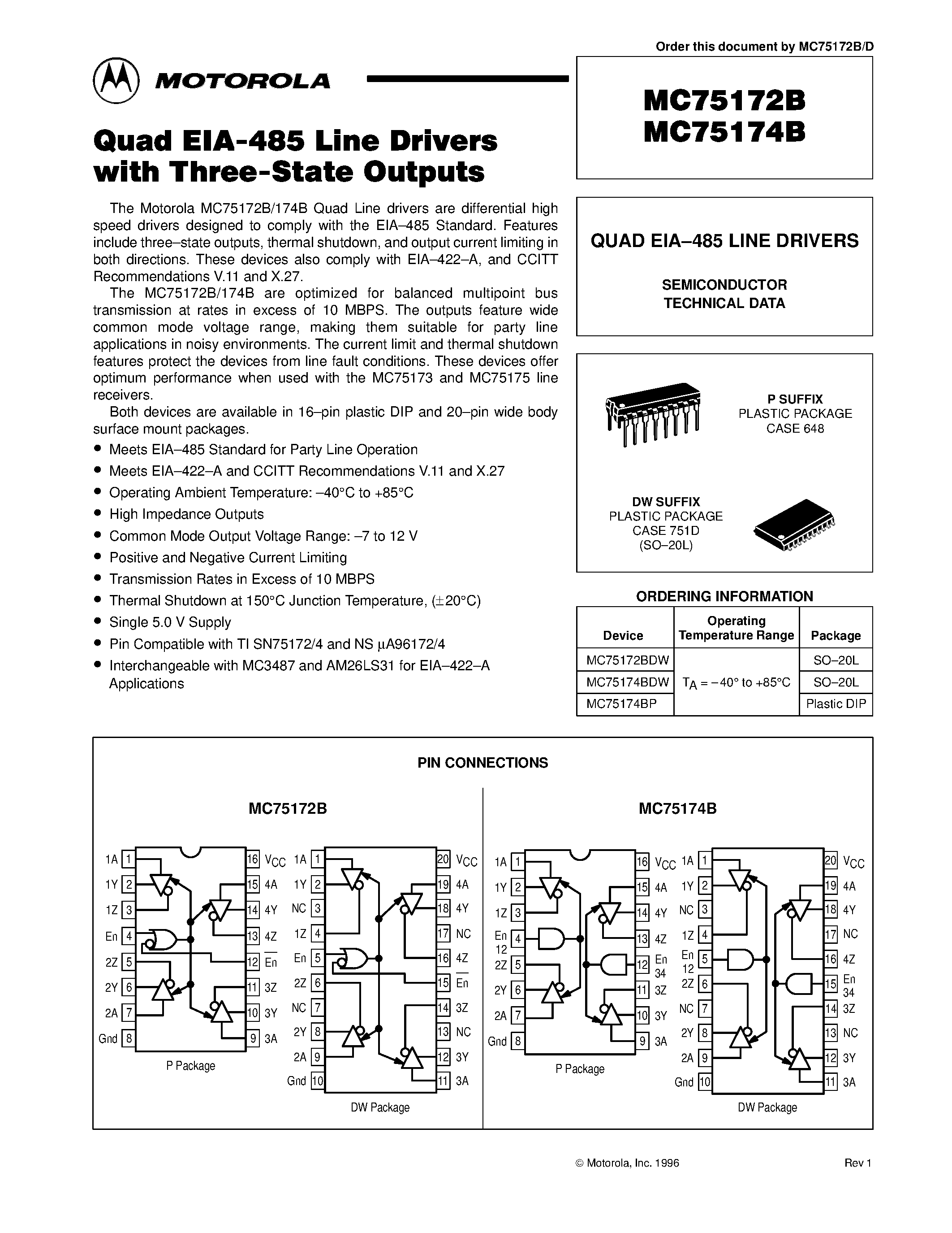 Datasheet MC75172B - (MC75172B / MC75174B) QUAD EIA-485 LINE DRIVERS page 1