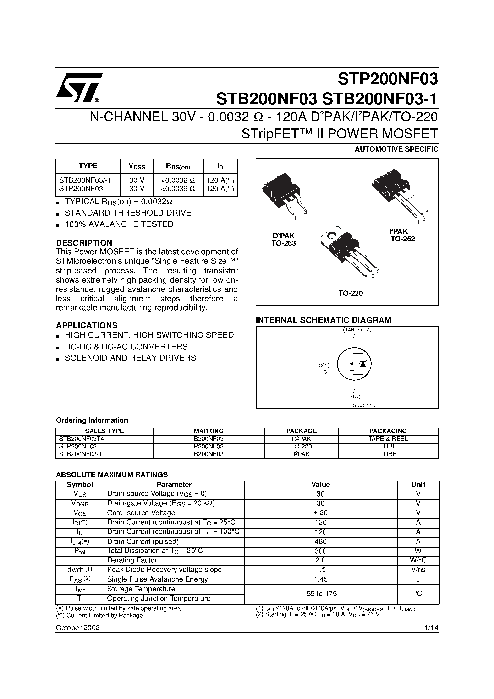 Даташит STP200NF03 - N-CHANNEL POWER MOSFET страница 1