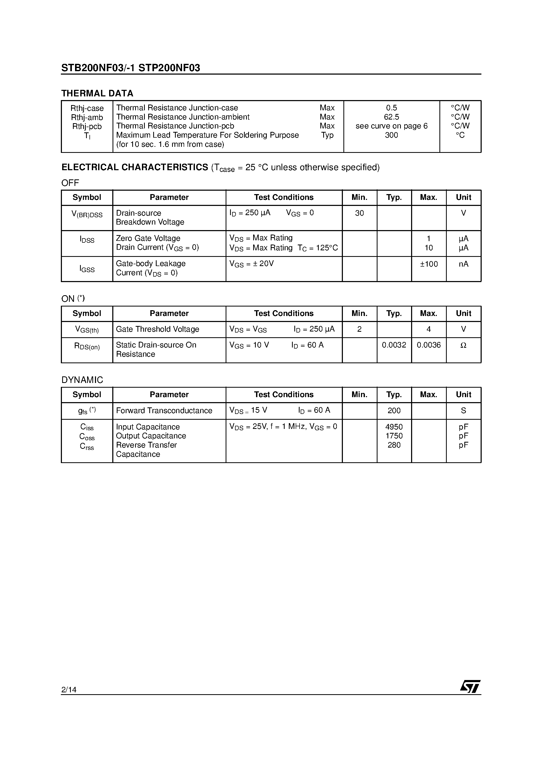 Даташит STP200NF03 - N-CHANNEL POWER MOSFET страница 2