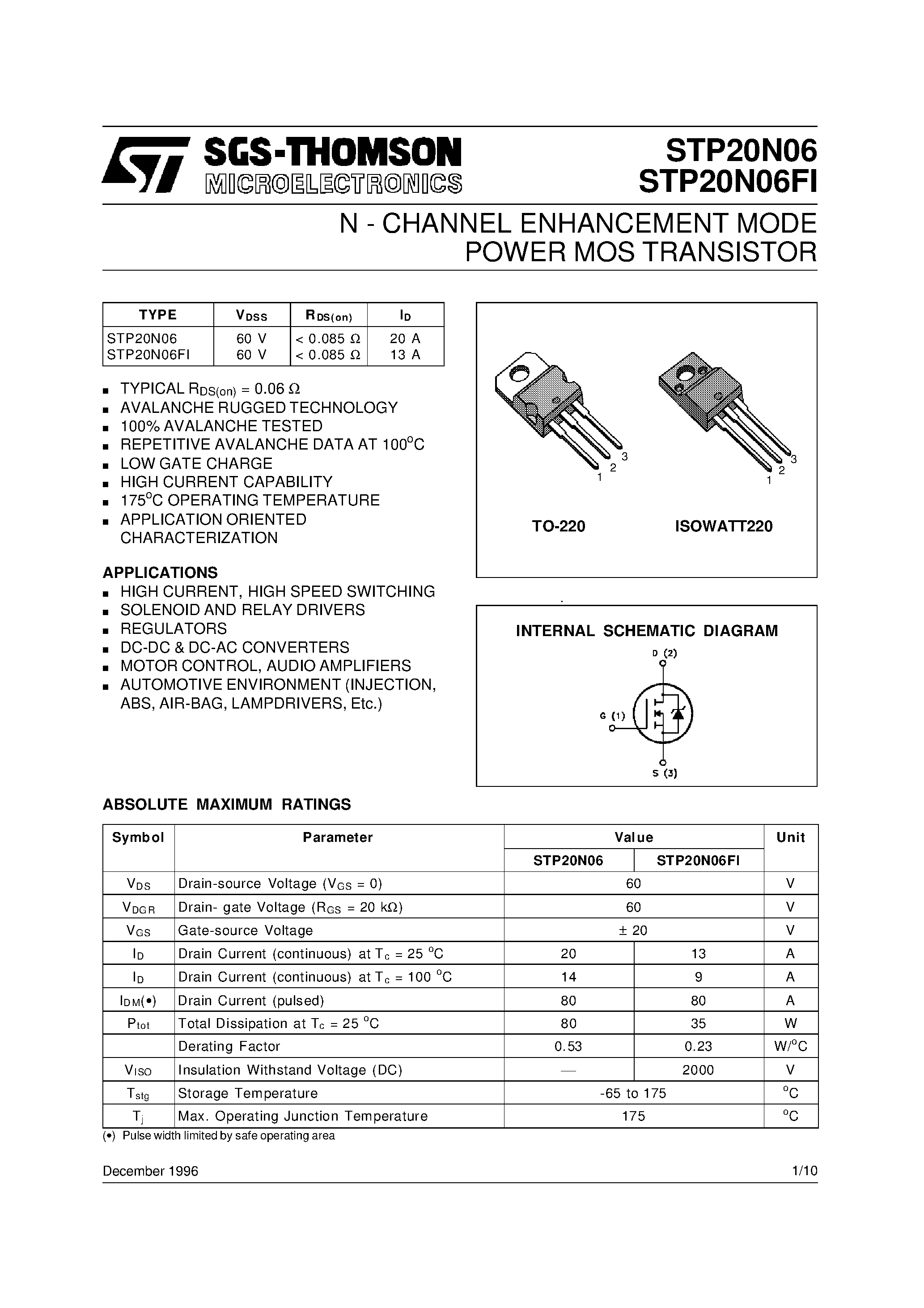 Даташит STP20N06 - N-CHANNEL POWER MOSFET страница 1