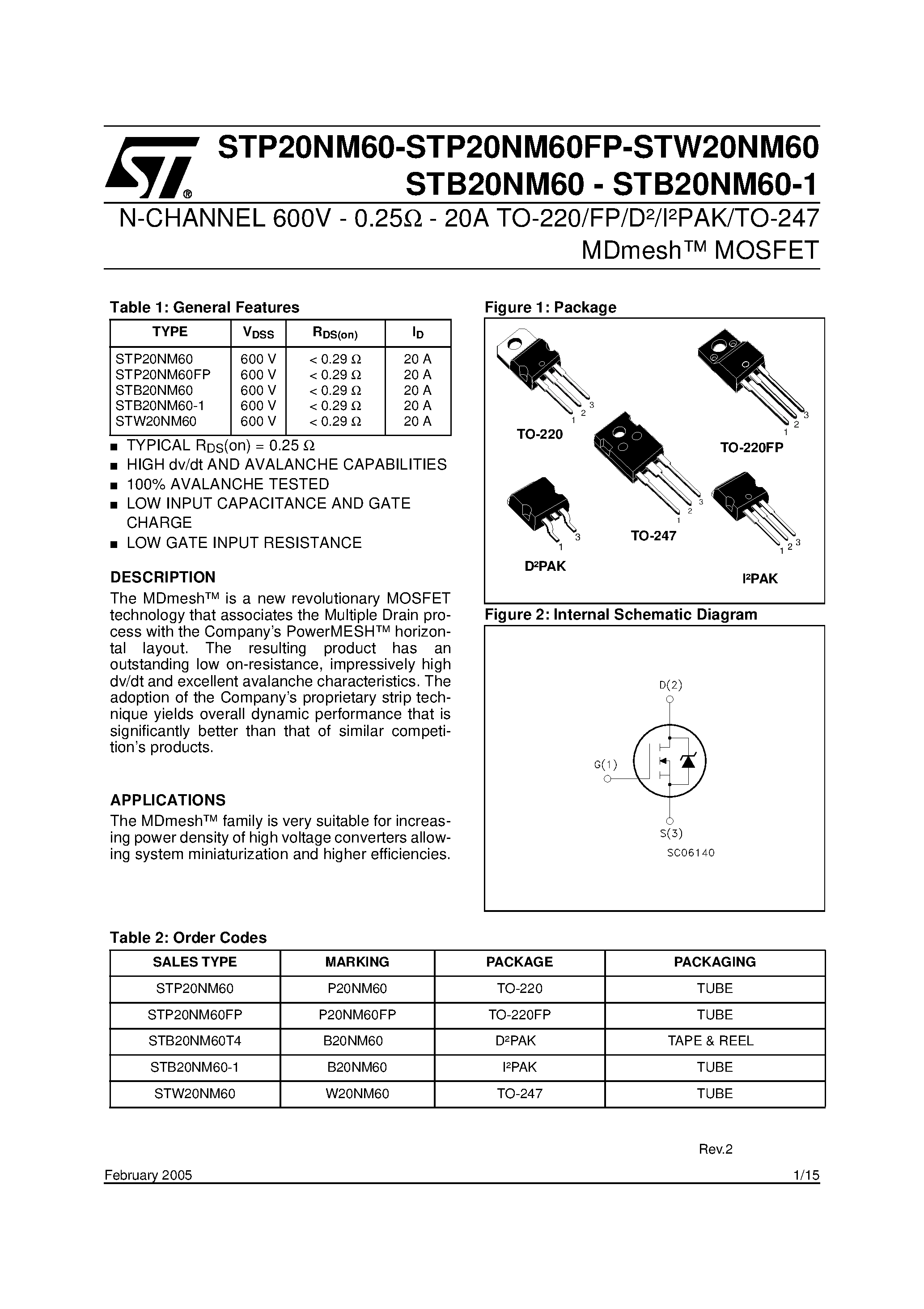 Даташит STP20NM60 - N-CHANNEL POWER MOSFET страница 1