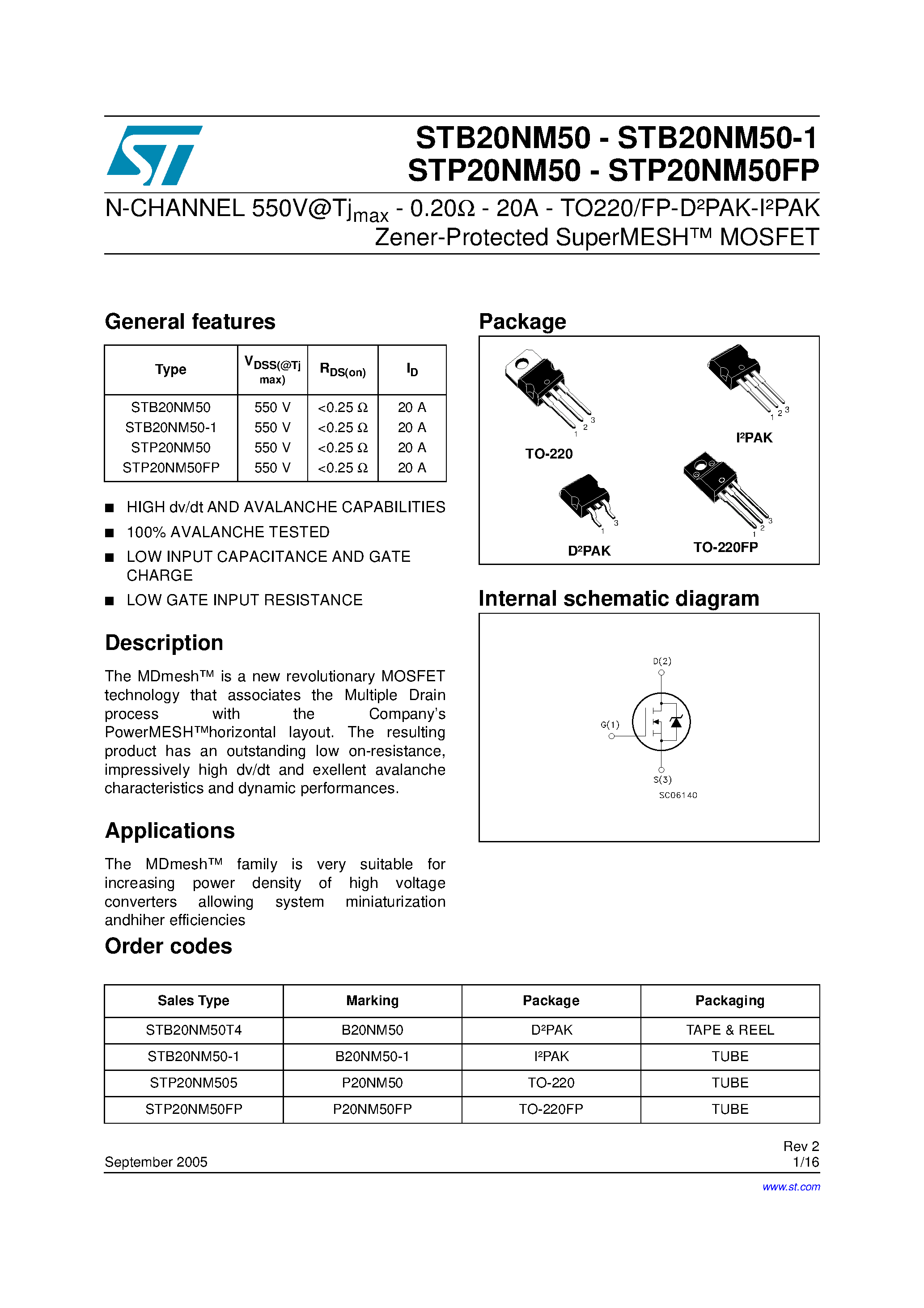 Даташит STP20NM50 - N-CHANNEL POWER MOSFET страница 1