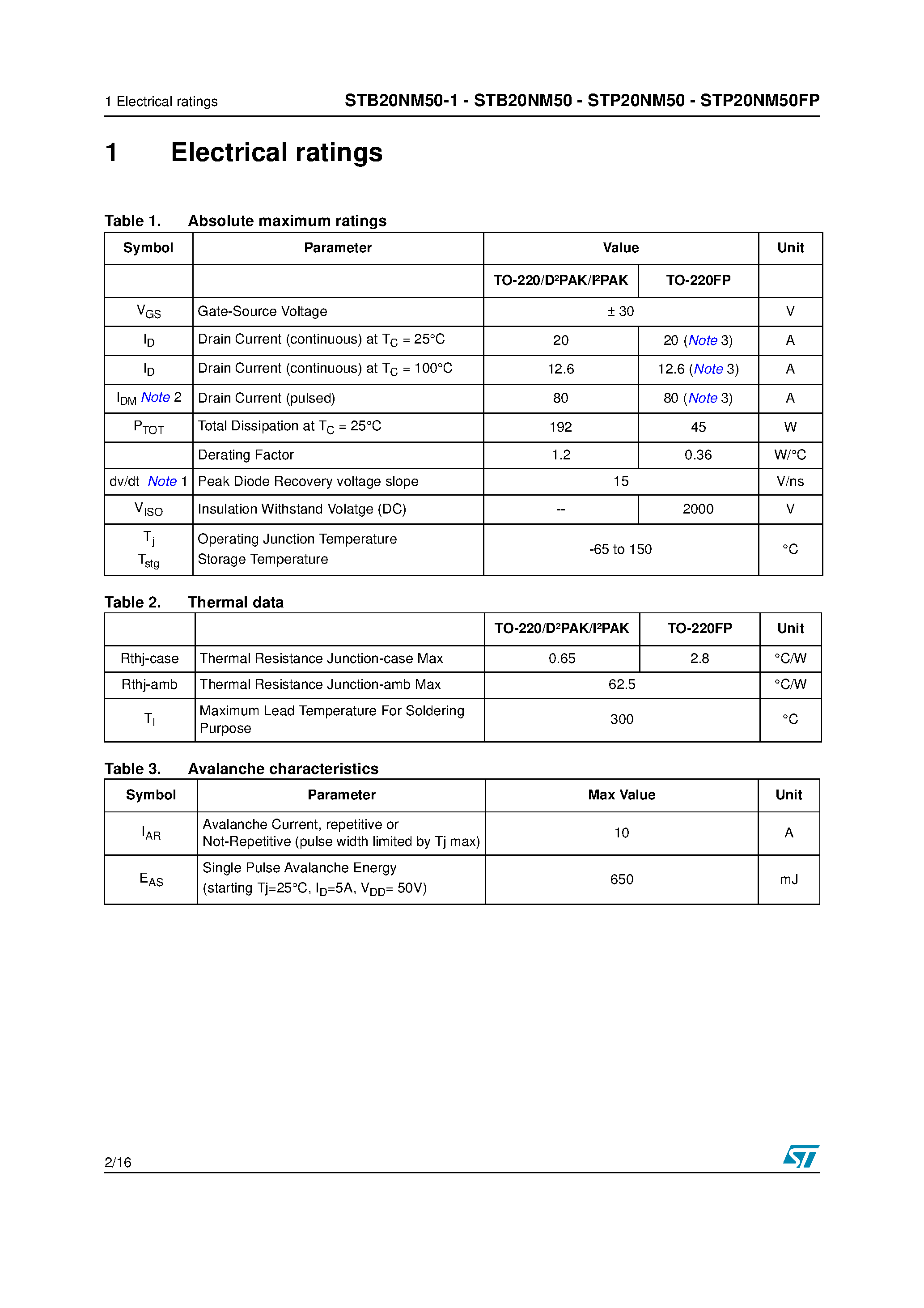 Даташит STP20NM50 - N-CHANNEL POWER MOSFET страница 2