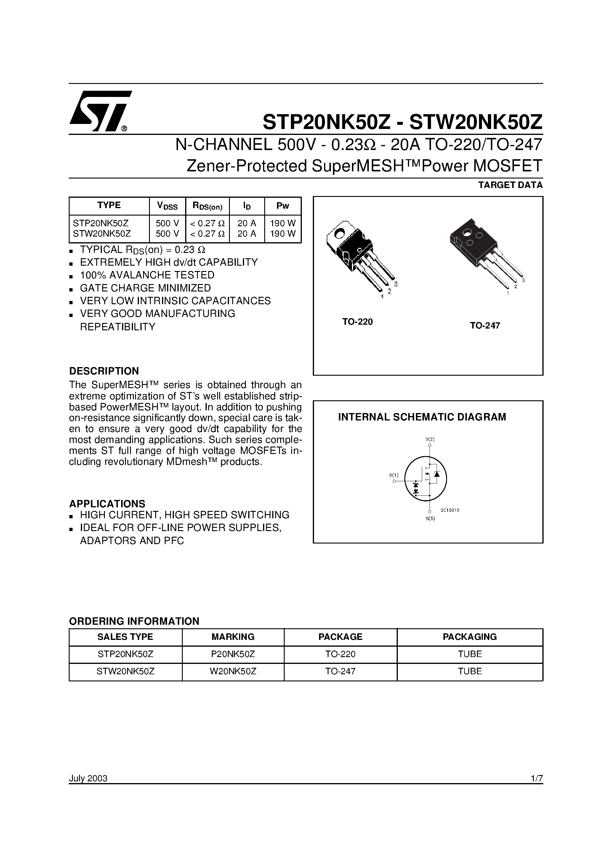 Даташит STP20NK50Z - N-CHANNEL POWER MOSFET страница 1