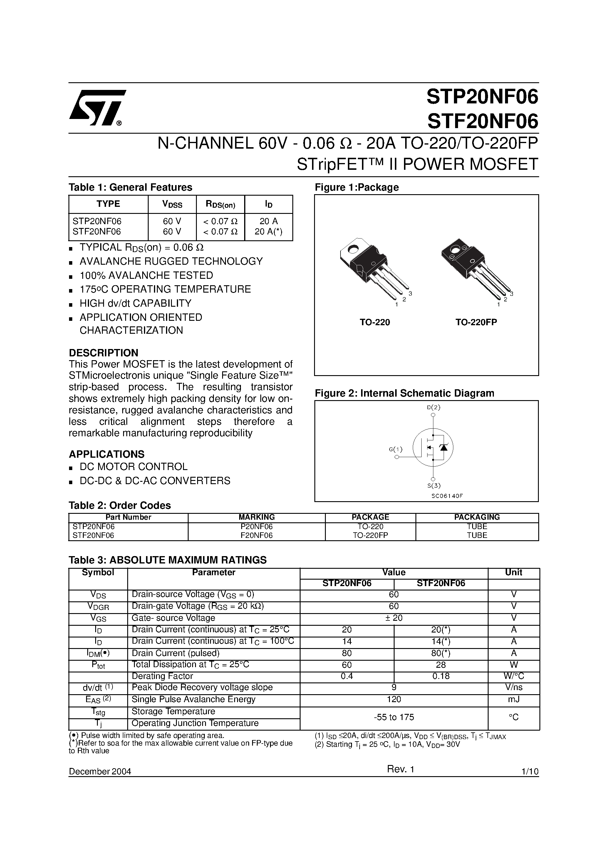 Даташит STP20NF06 - N-CHANNEL POWER MOSFET страница 1