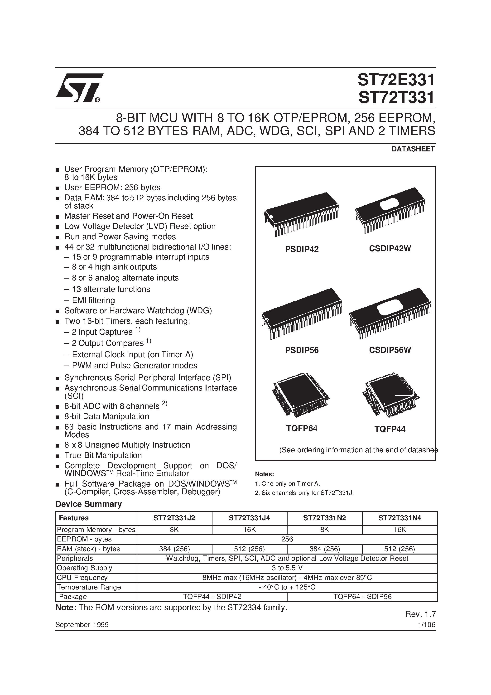 Даташит ST72E331 - 8-BIT MCU WITH 8 TO 16K OTP/EPROM страница 1