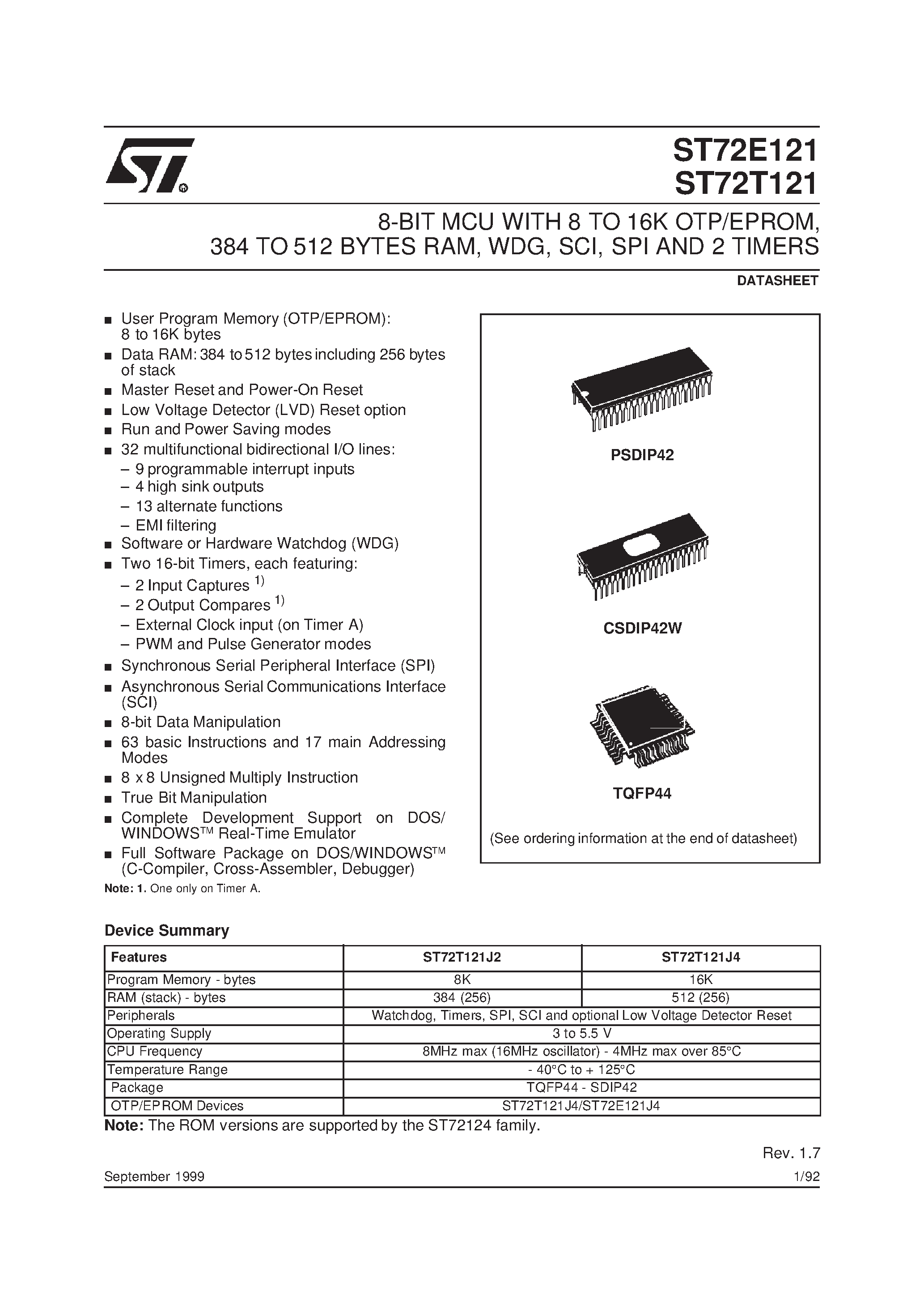 Даташит ST72E121 - 8-BIT MCU WITH 8 TO 16K OTP/EPROM страница 1