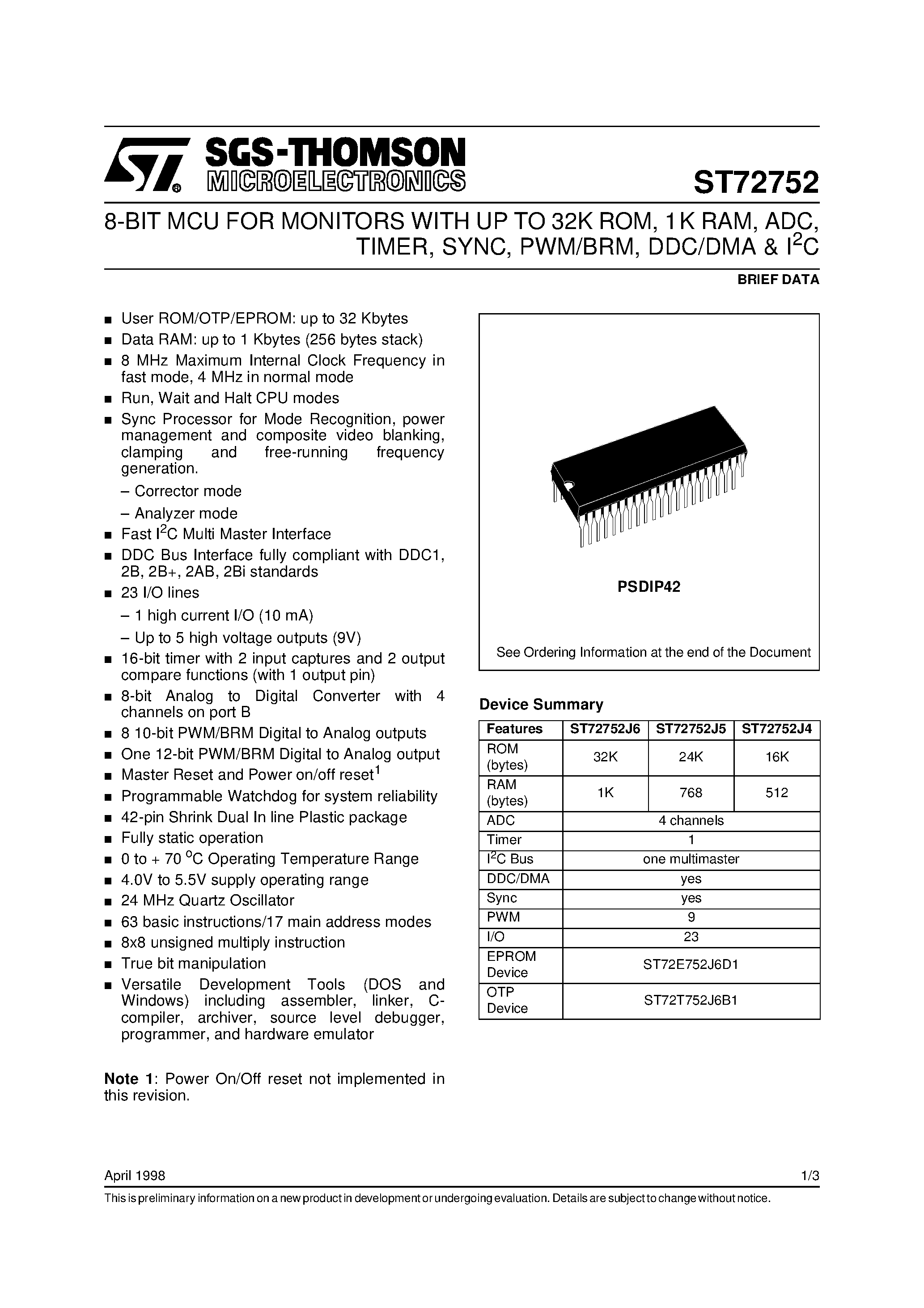 Даташит ST72752 - 8-BIT MCU FOR MONITORS страница 1