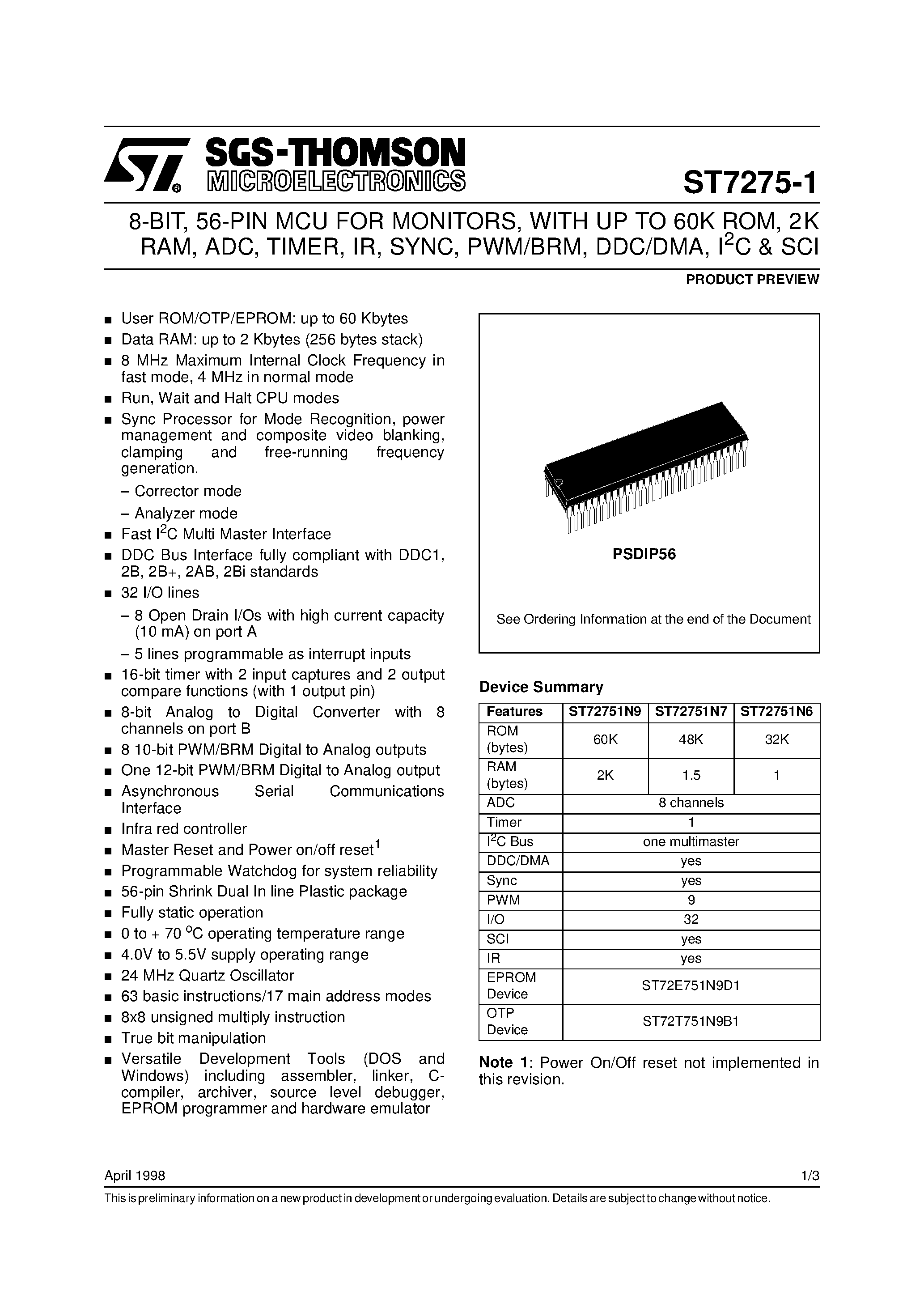 Даташит ST7275-1 - 8-BIT MCU FOR MONITORS страница 1